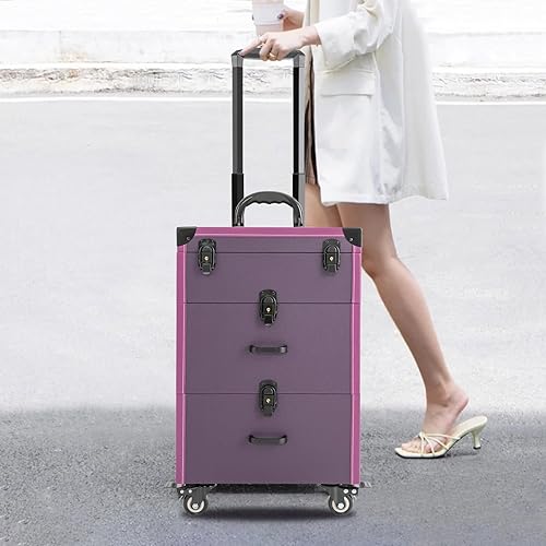 Miniatura 7 de Goudergo Estuche de tren de maquillaje de 3 niveles con 4 ruedas, estuche de alta seguridad con ruedas para maquillaje, organizador de esmalte de