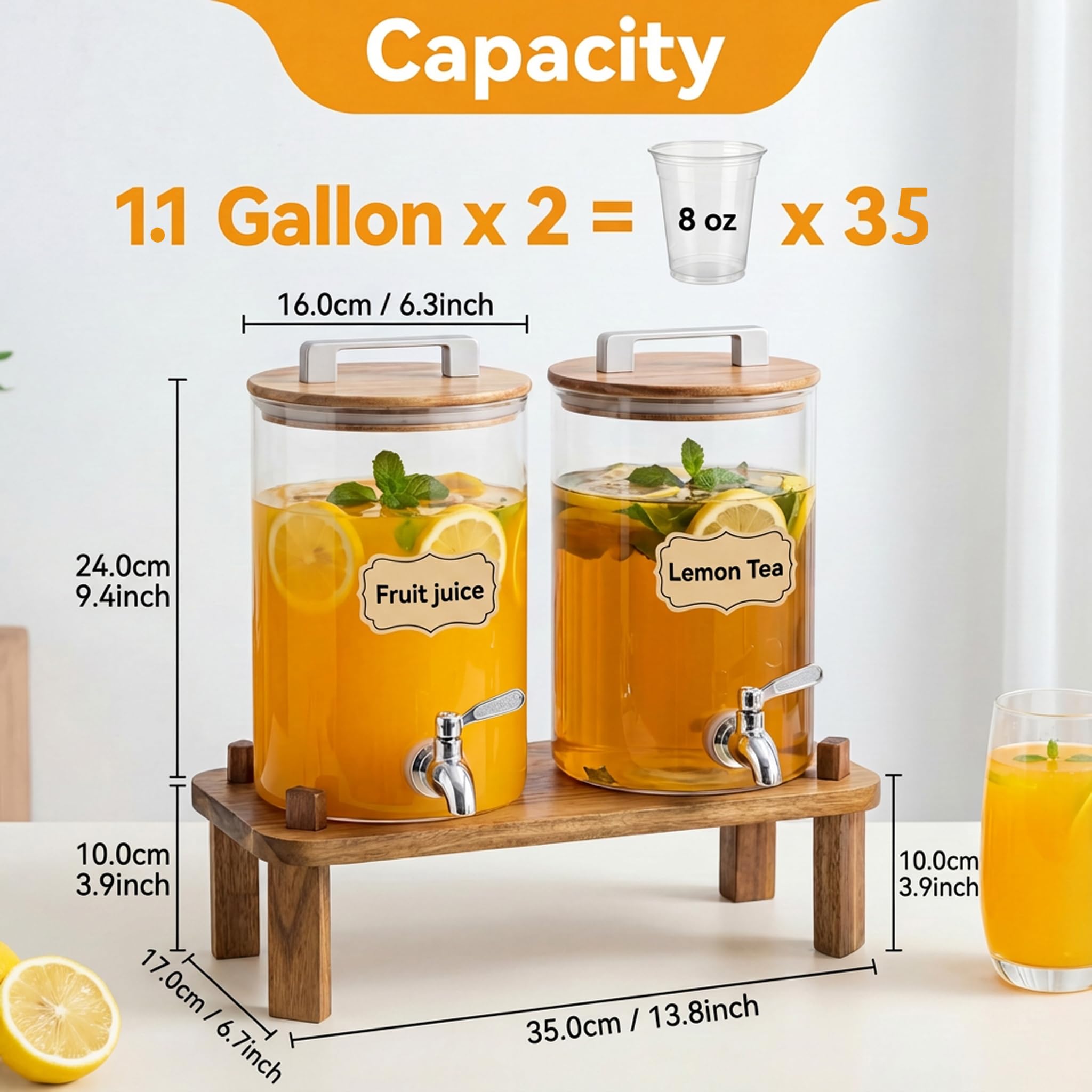 MerryNine 2 dispensadores de bebidas de vidrio de 1.1 galones para fiestas con soporte de madera, dispensador de bebidas de vidrio de borosilicato perforador, filtro a prueba de fugas, espiga