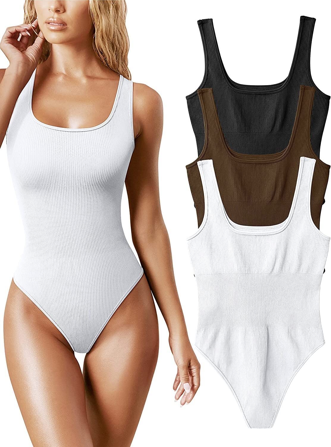 CSBLWomen's Sleeveless Ribbed Square Neck Bodysuit Set - 3 Piece Sexy Tank Top Bodysuits