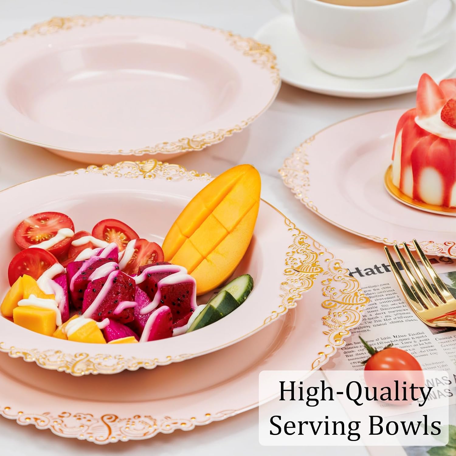 Nervure 150PCS Pink & Gold Tableware Set - 100PCS 7.5Inch Disposable Plates + 50PCS 12oz Plastic Bowls for Weddings, Parties & New Year