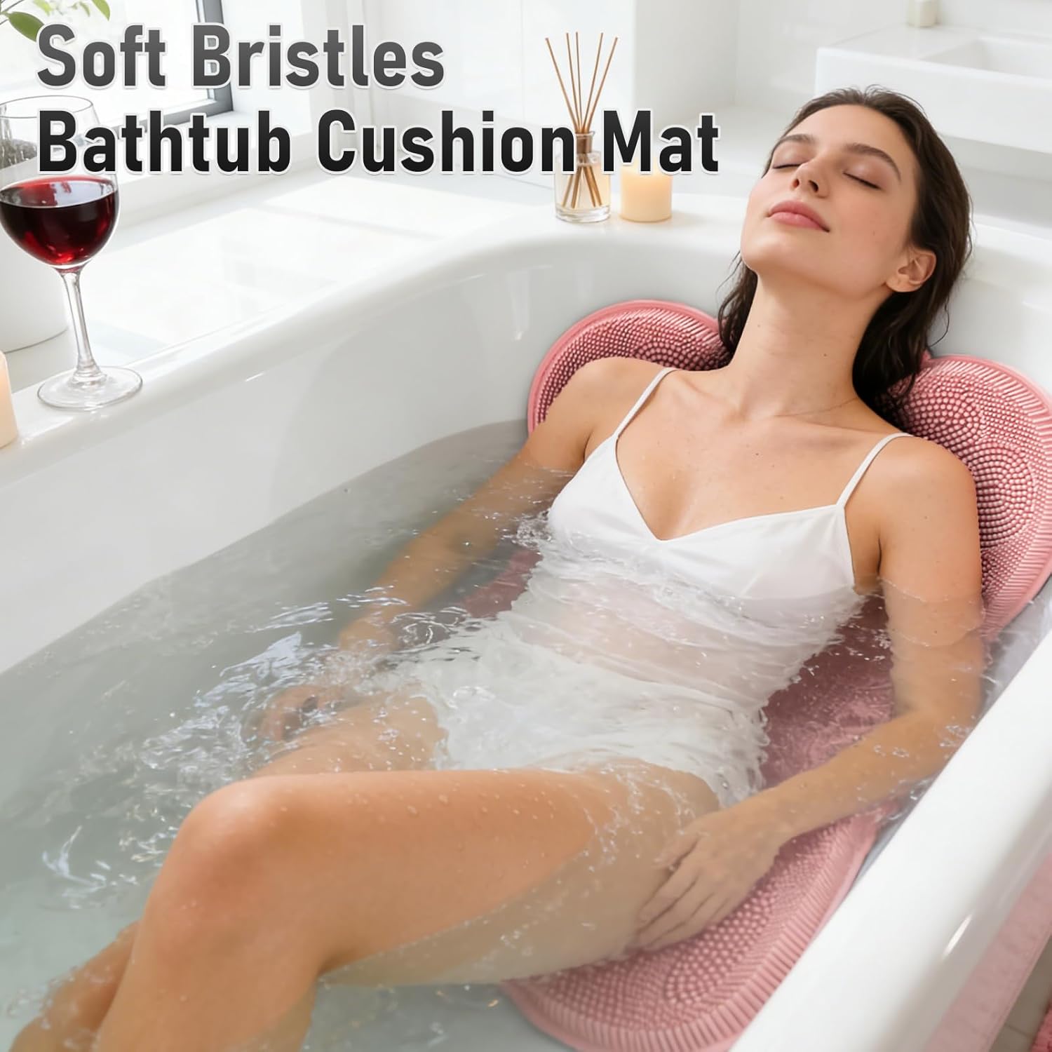 Back Scrubber Body Bath Cushion for Tub Bathtub Back Lumbar Ergonomic Support, Silicone XL Large Thick Soft Seat Pad Non-Slip Suction Cups, Relaxing Spa Exfloating Scrubber Mat 28x19 Pink