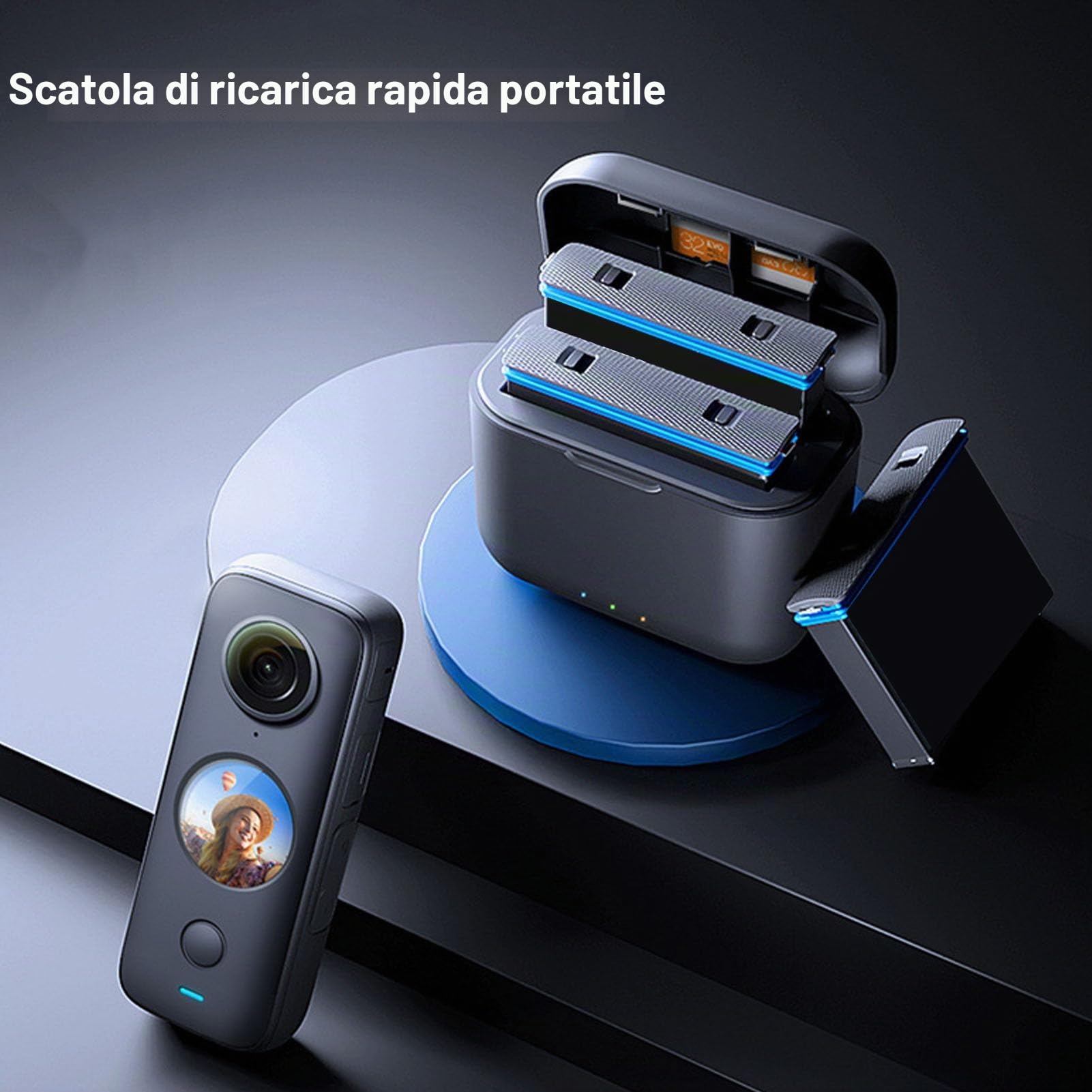 Hub Caricabatterie per Batteria Insta360 One X2, Hub di Ricarica Rapida Batteria Magnetica, con Slot per Schede di Memoria e Cavo USB di Tipo C, Stazione di Ricarica a 2 Canali