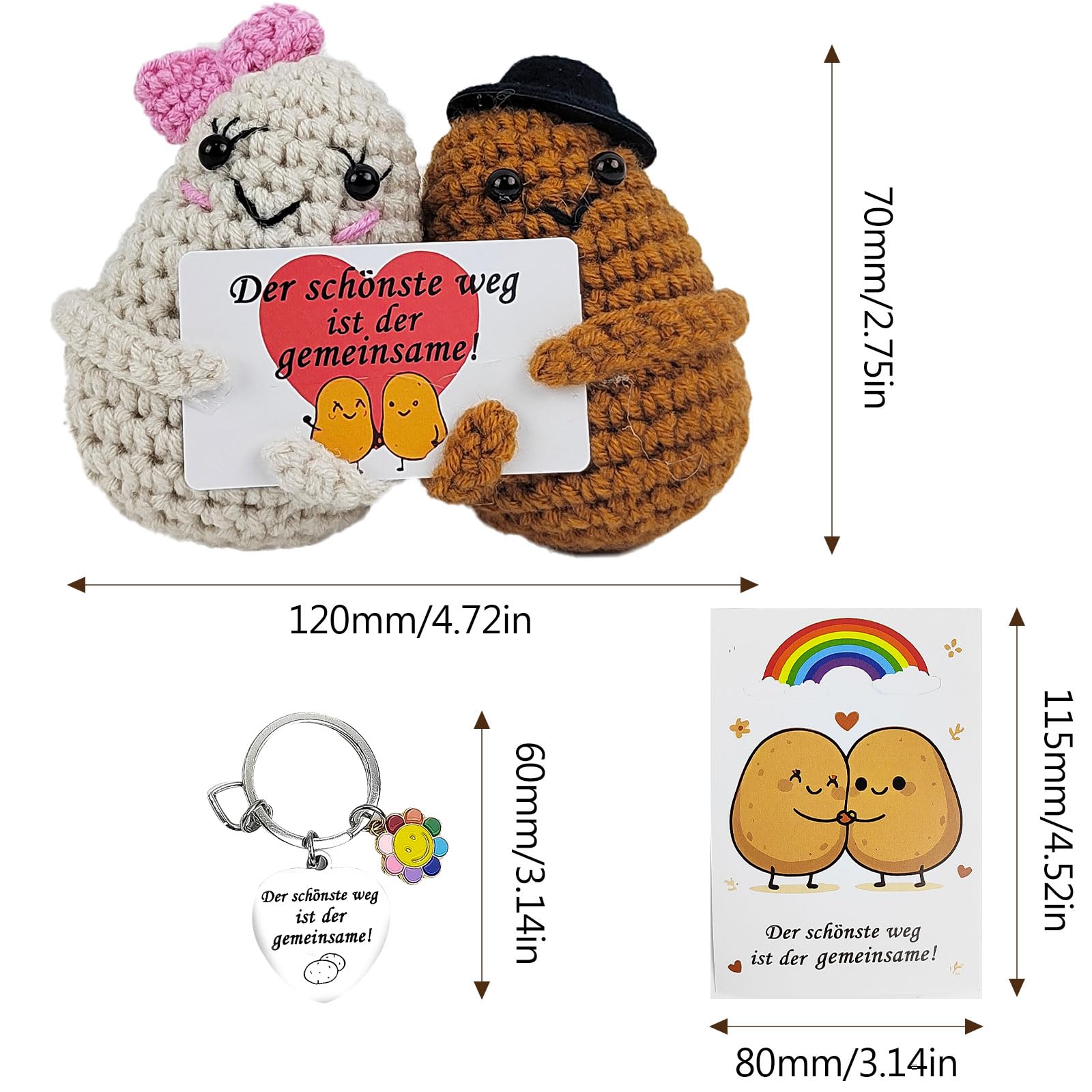 2 Pezzi Positive Potato Pupazzi di Peluche, Realizzati in Lana, Pupazzi Creativi, con Biglietto e Portachiavi, Ideali per Matrimoni, Fidanzamenti e San Valentino