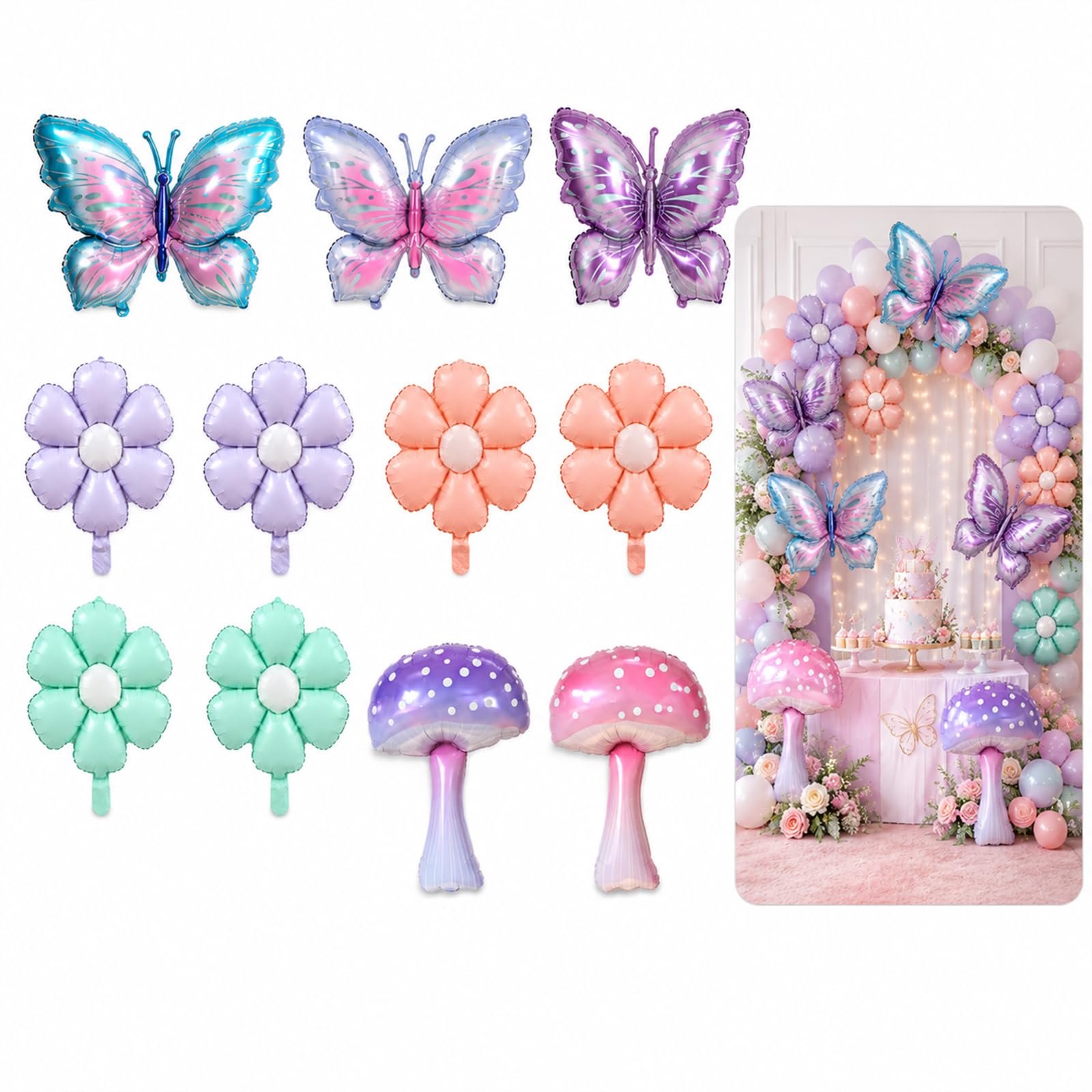 11 Pcs Foil Butterfly Balloons, Flower Daisy Balloons Party Decorations