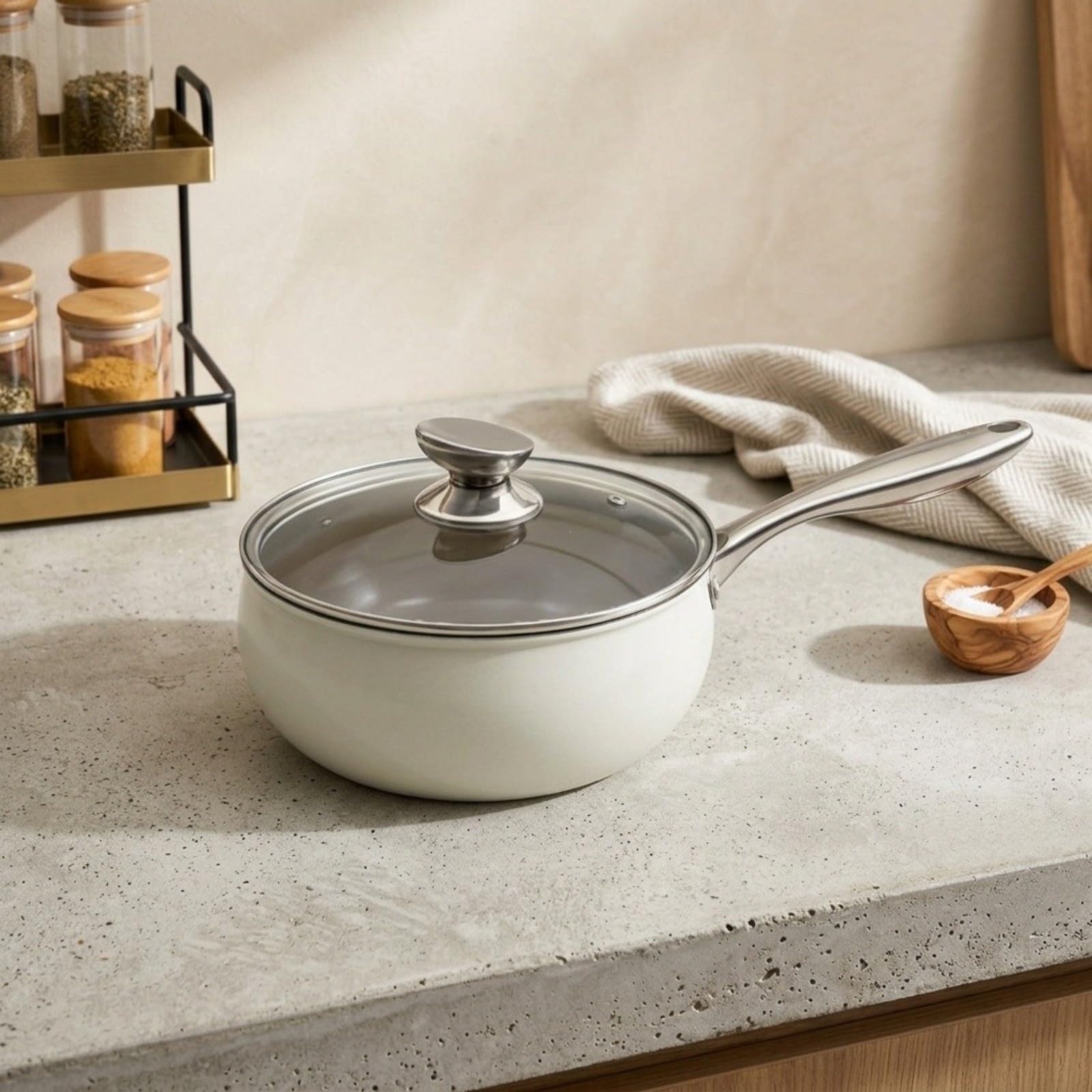 Metall Suppentopf Mit Glasdeckel Und Ergonomischem Griff, Gebogener Körper Für Induktion Und Gasherd, Robuster Kochtopf Zum Kochen Von Suppe Und Nudeln, Weiß(White)