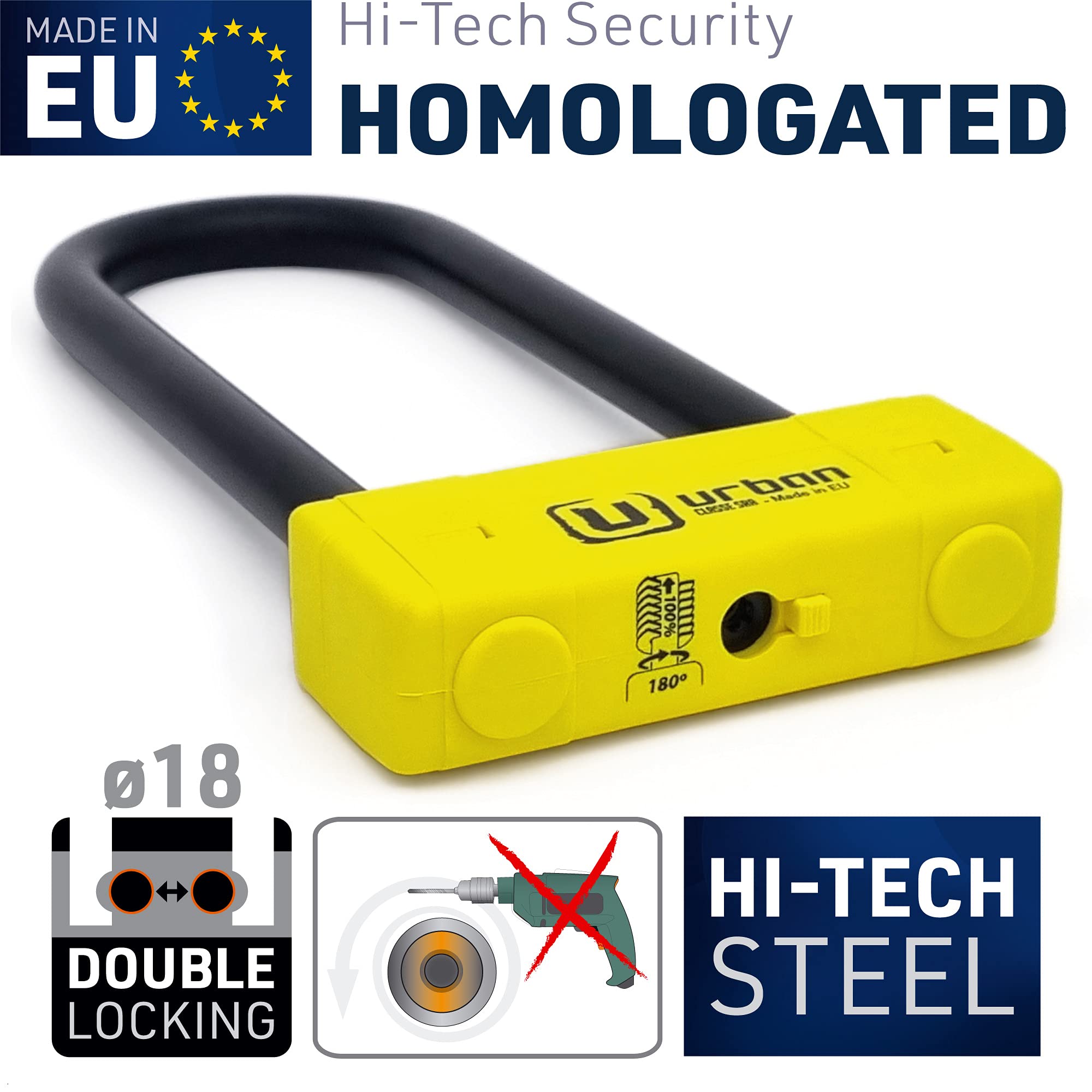 URBAN UR85250 Candado Moto U Alta Seguridad Homologado SRA, Horquilla ø18 Acero Endurecido Doble Bloqueo Antirayones, Llamativa Carcasa Más Visible, U lock Antirrobo 85x250mm para Motocicleta, Scooter