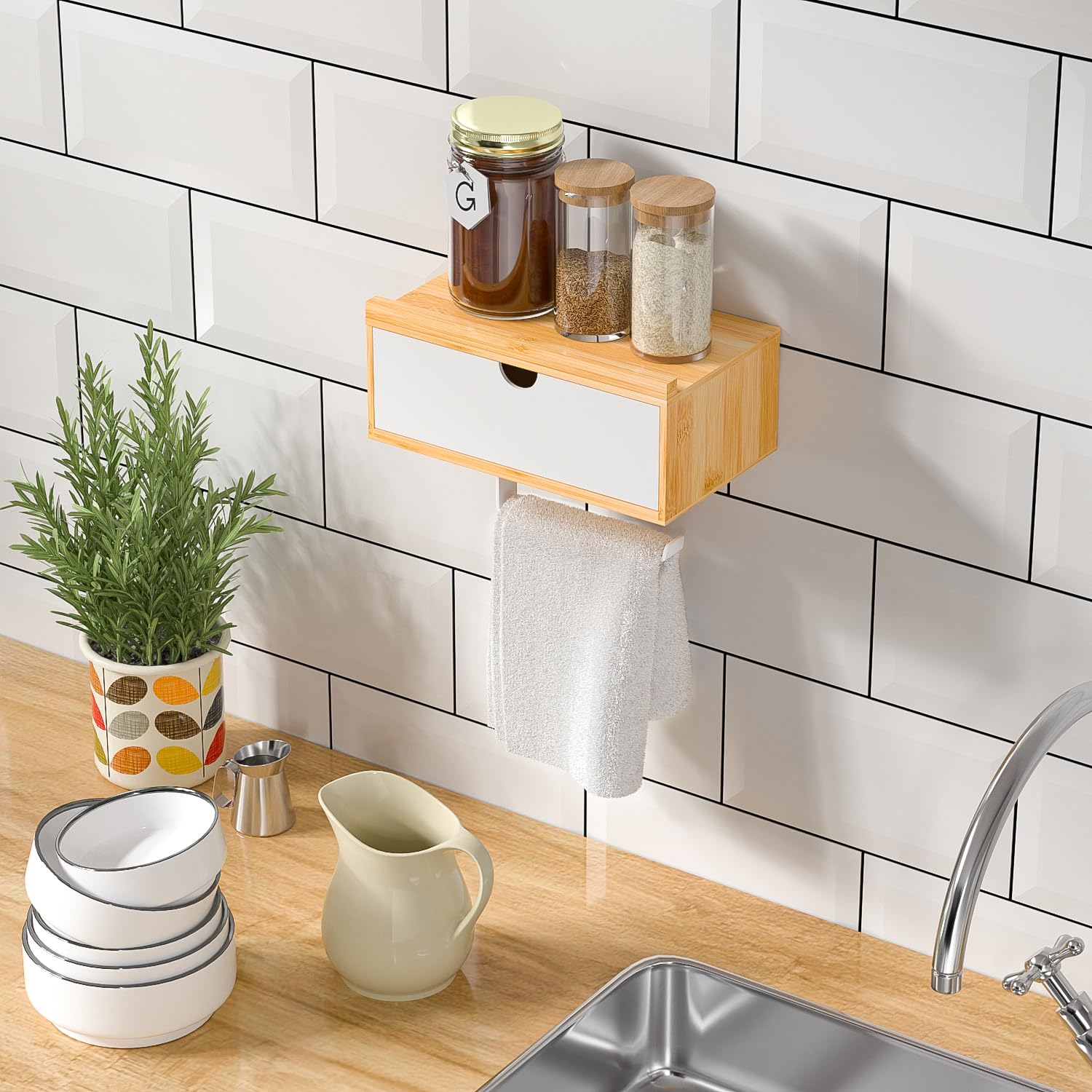 Toilettenpapierhalter Ohne Bohren, Klopapierhalter mit Feuchttücherbox Klorollenhalter mit Ablage Bambus Papier Halterung für WC Badezimmer, Selbstklebend or Bohren Natur