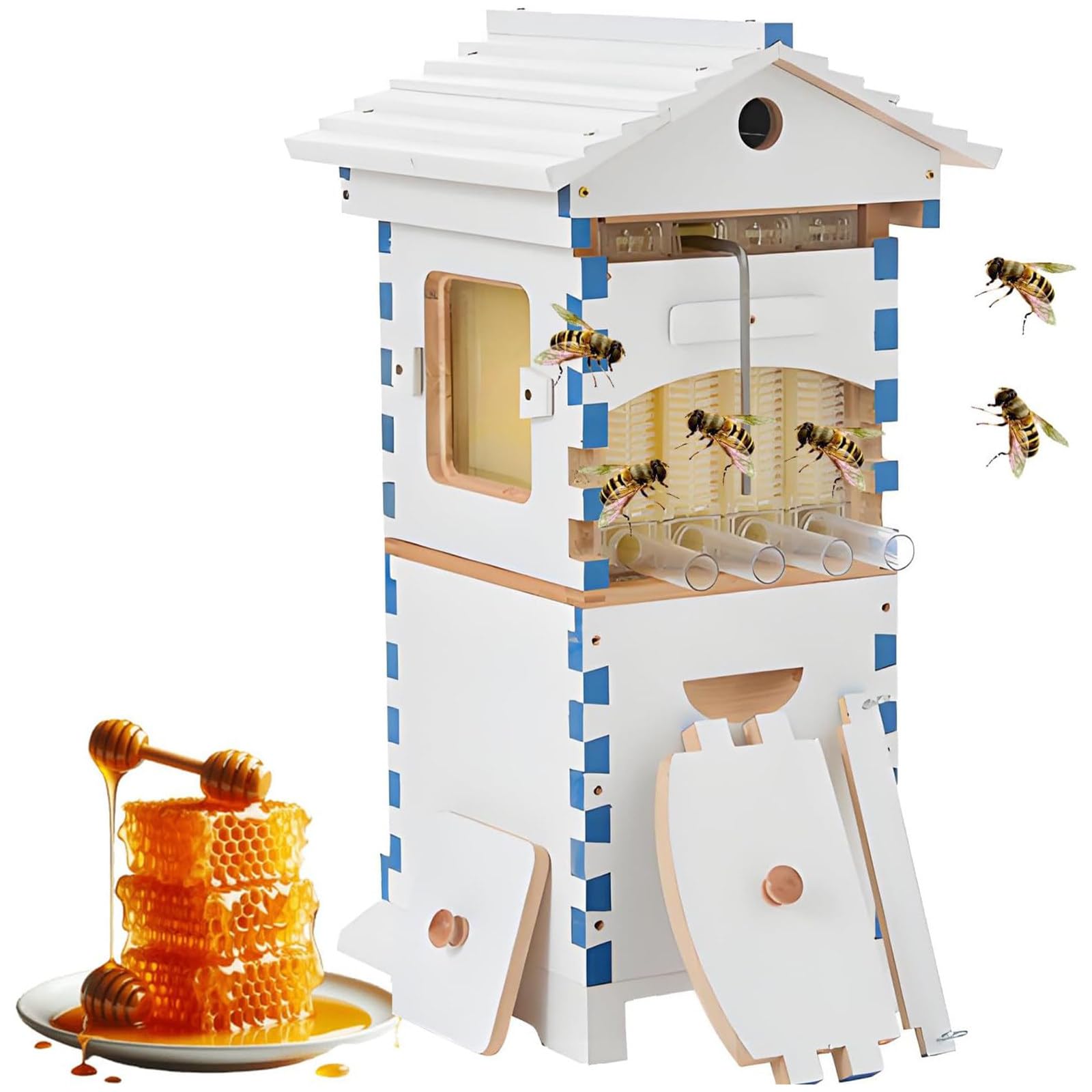 Bienenstock-Starterset, Selbstblühender Honigbienenstock, Komplettes Imker-Set Aus Holz Mit Sichtfenster Und Honigauslauf, Inklusive Imkeranzug, Für Gartenbestäuber