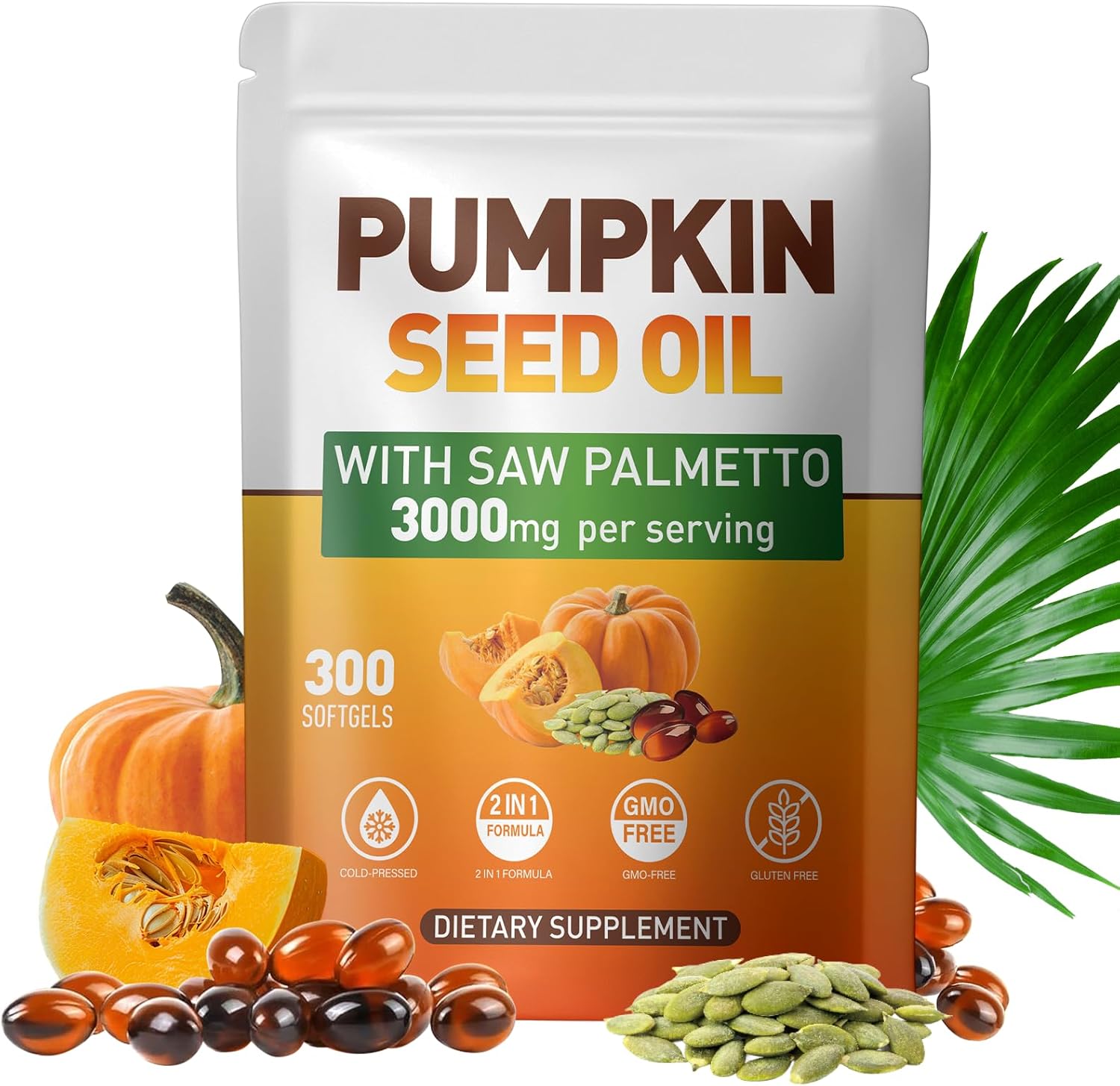 Pumpkin Seed Oil Capsules - Saw Palmetto Pumpkin Seed Oil 300 Softgels Prostate Health, Immune and Urinary Tract Support Promotes Hair Growth - Pure Non GMO