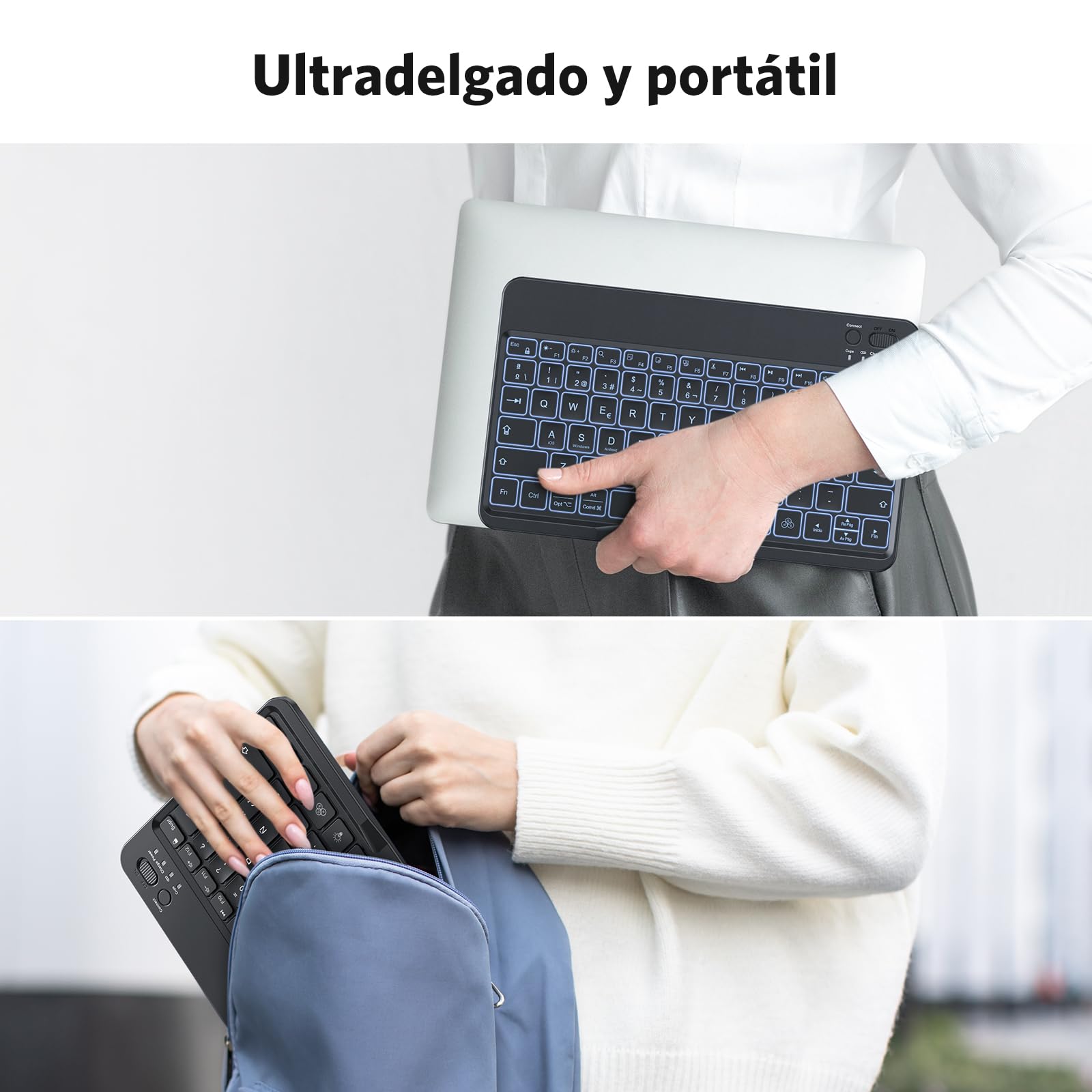OMOTON Tastiera Bluetooth per iPad/tablet con supporto per telefono | Tastiera per iPad con retroilluminazione, ricaricabile, QWERTY, tasti ingrandite, wireless, portatile, ultra sottile