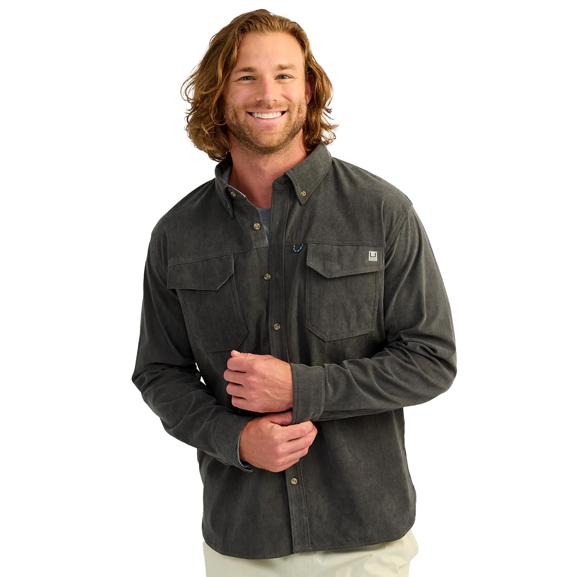 HUK Men's Standard Cordoroy, Fishing Button Down Shirt, Volcanic Ash