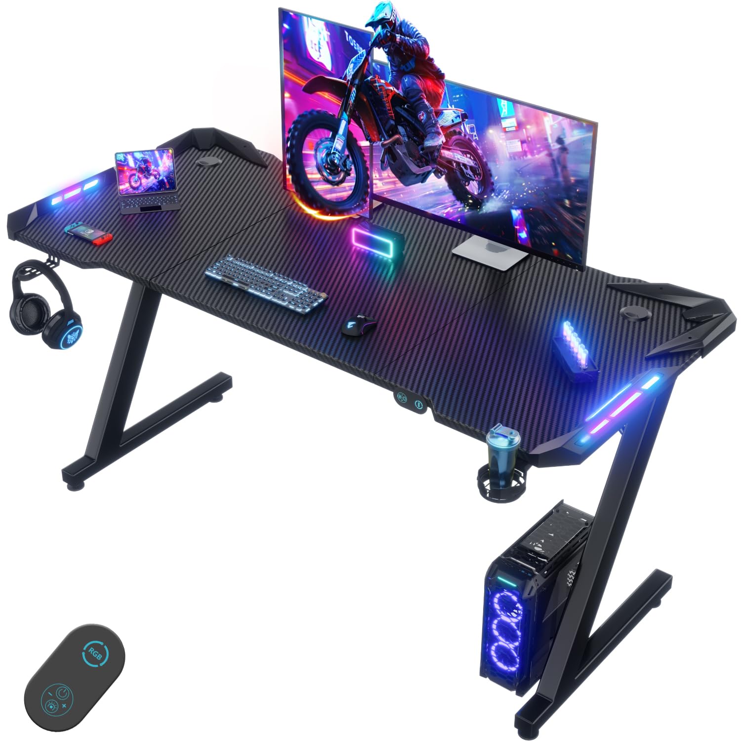 Devoko Escritorio Gaming con Luces LED, 140 x 60cm RGB Mesa Gaming Forma Z, Escritorio de Ordenador Grande con Gancho para Auriculares y Portavasos, Mesa Gamer para Oficina en Casa, Negro