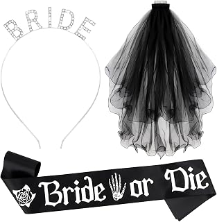 Black Bride Headband and Sash Set Bride or Die Black Veil for Bachelorette Party Gothic Wedding Bridal Tiara Sash Till Death Do Us Part Decorations