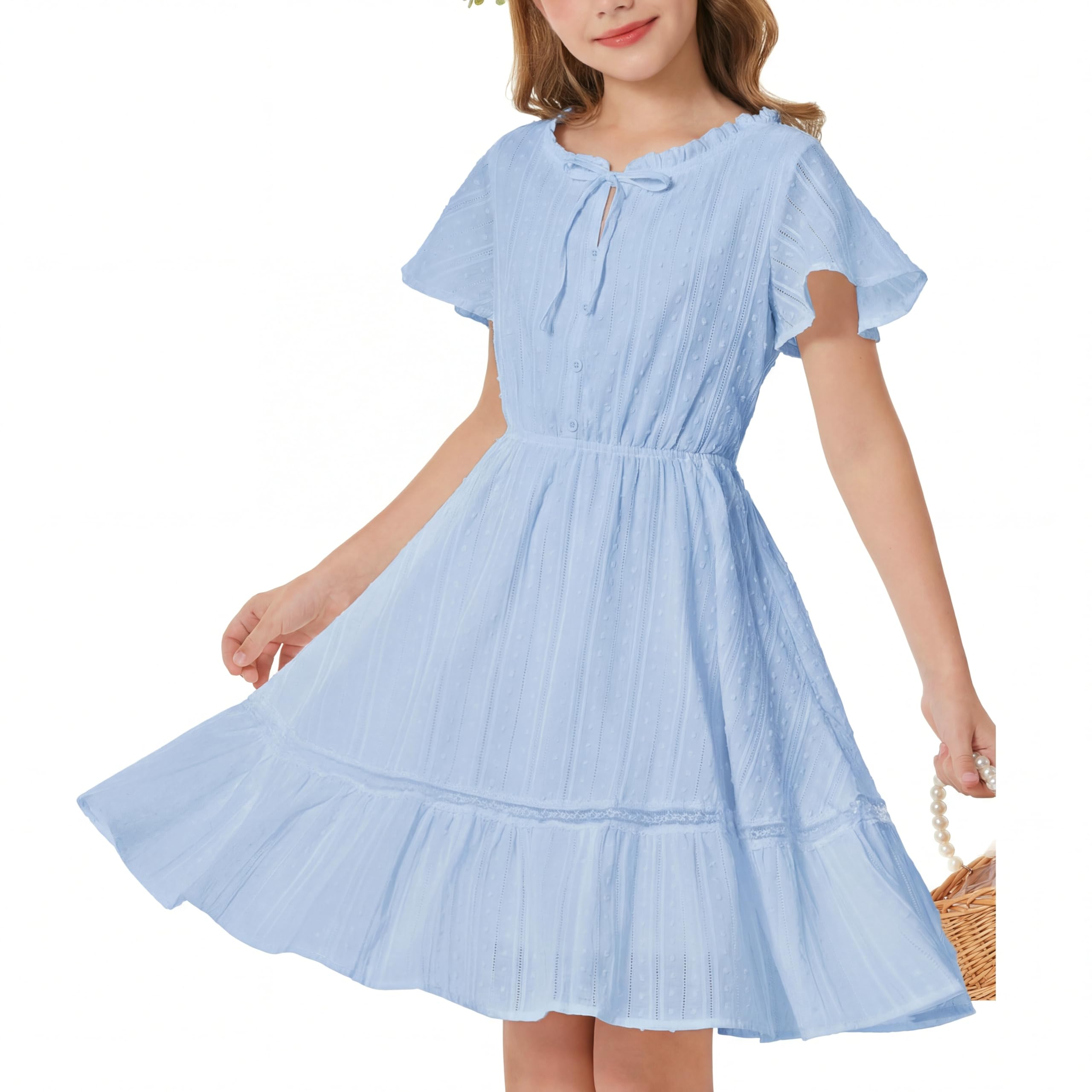 Girls Swiss Dot Dress Cotton Casual Summer Short Sleeve A Line Party Birthday Beach Kids 7-14