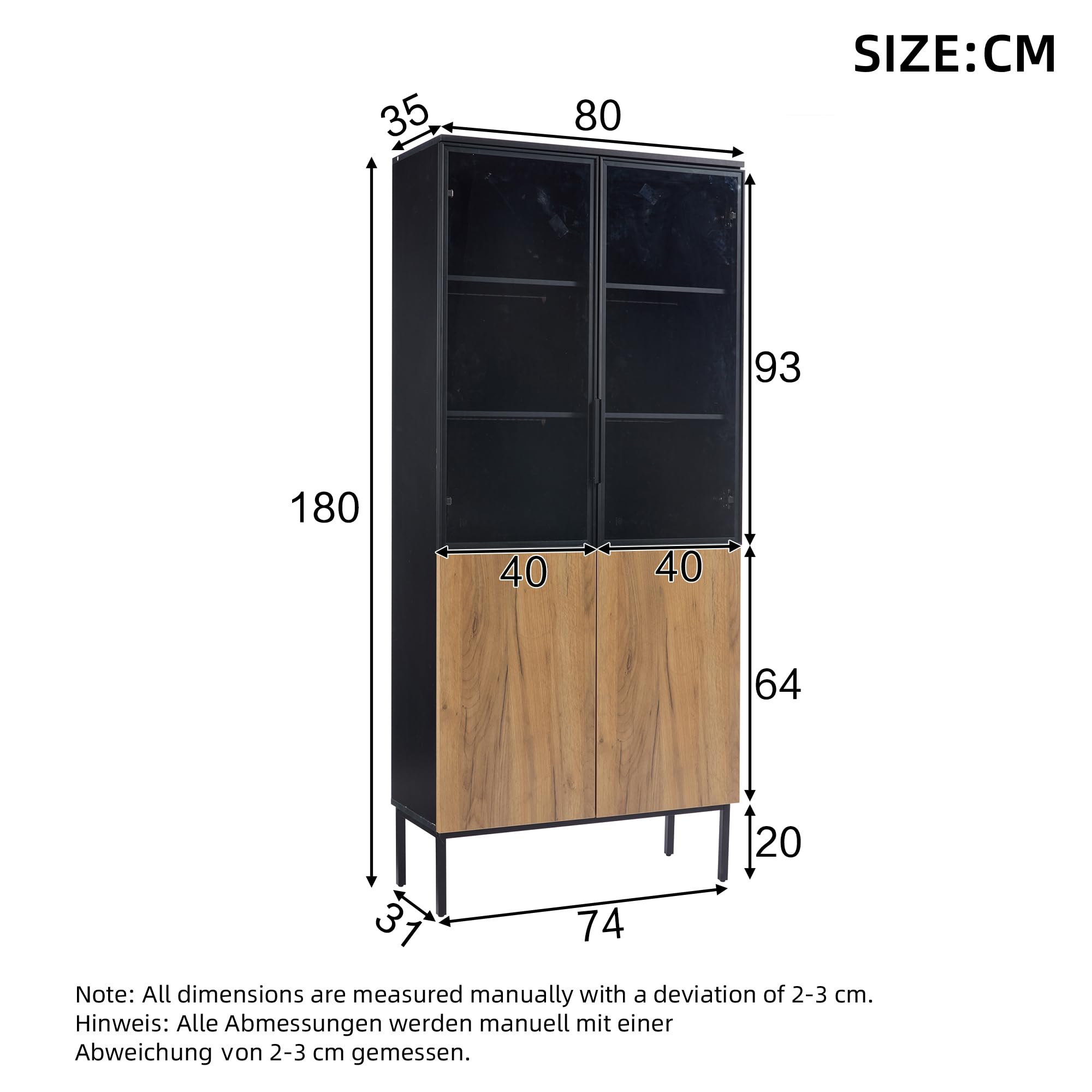 BTM Vitrine Glastüren, 180 cm hoher Schrank LED-Leuchten, Bücherregal, 5-stöckige Glasvitrine Sammlerstücke, Büro, Schwarz/Eiche