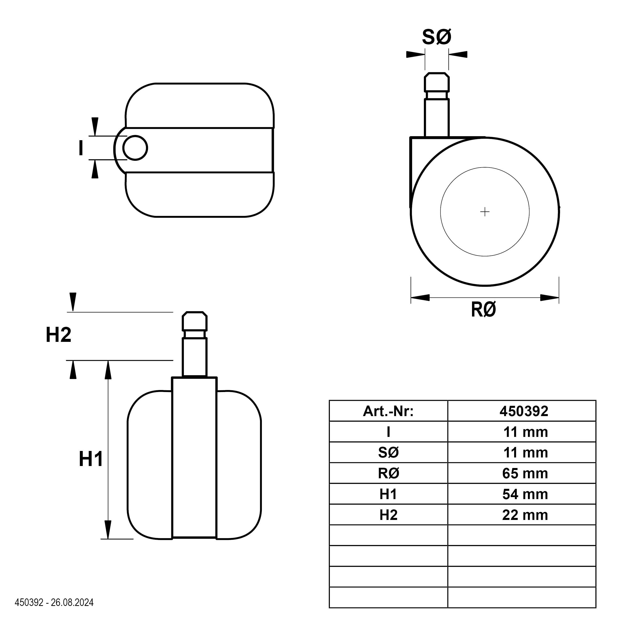 Dörner + Helmer Design Stuhlrollen, 5er-Set, 65mm x 43mm, 240kg Tragkraft, 47mm x 47mm Platte, Kunststoff, Schwarz