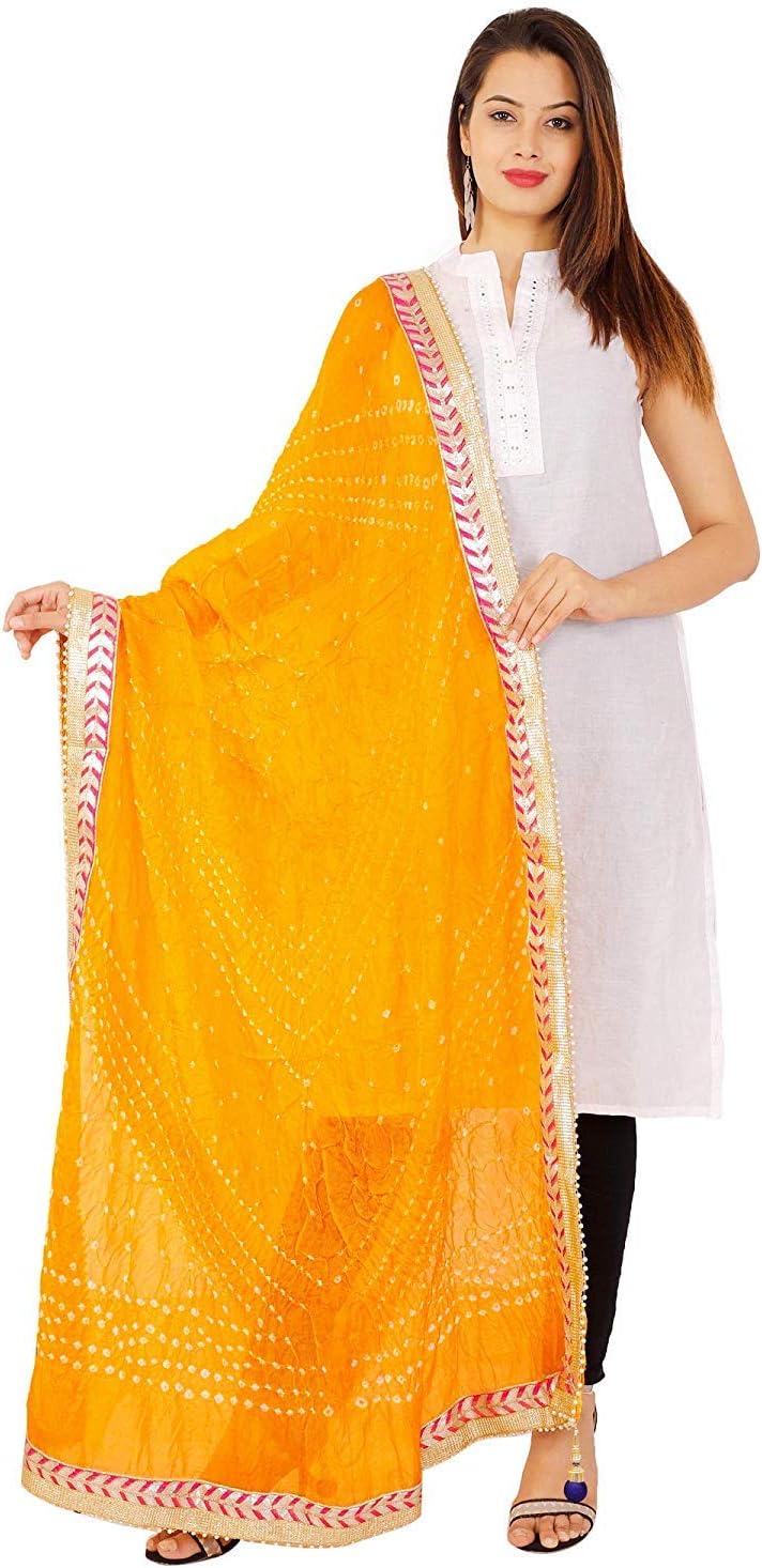 Kalpit Creations Women's Jaipuri Rajasthani Silk Bandhani Bandhej Multi-Colored Heavy Dupatta With Gota Work And Latkans