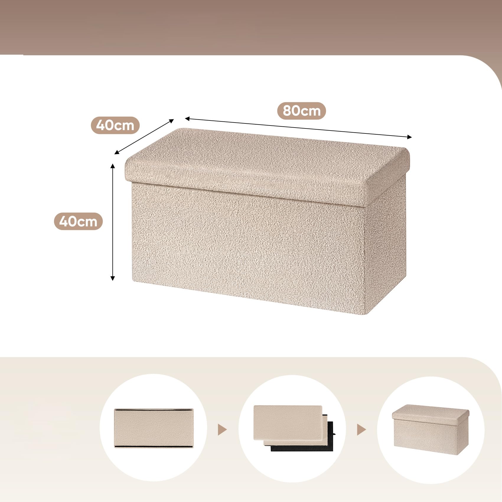 Bonlife Faltbarer Sitzhocker mit Stauraum, Faltbare Sitzbank, Webpelz Fußbank Truhen Aufbewahrungsbox, Fleece, Beige,80x40x40cm