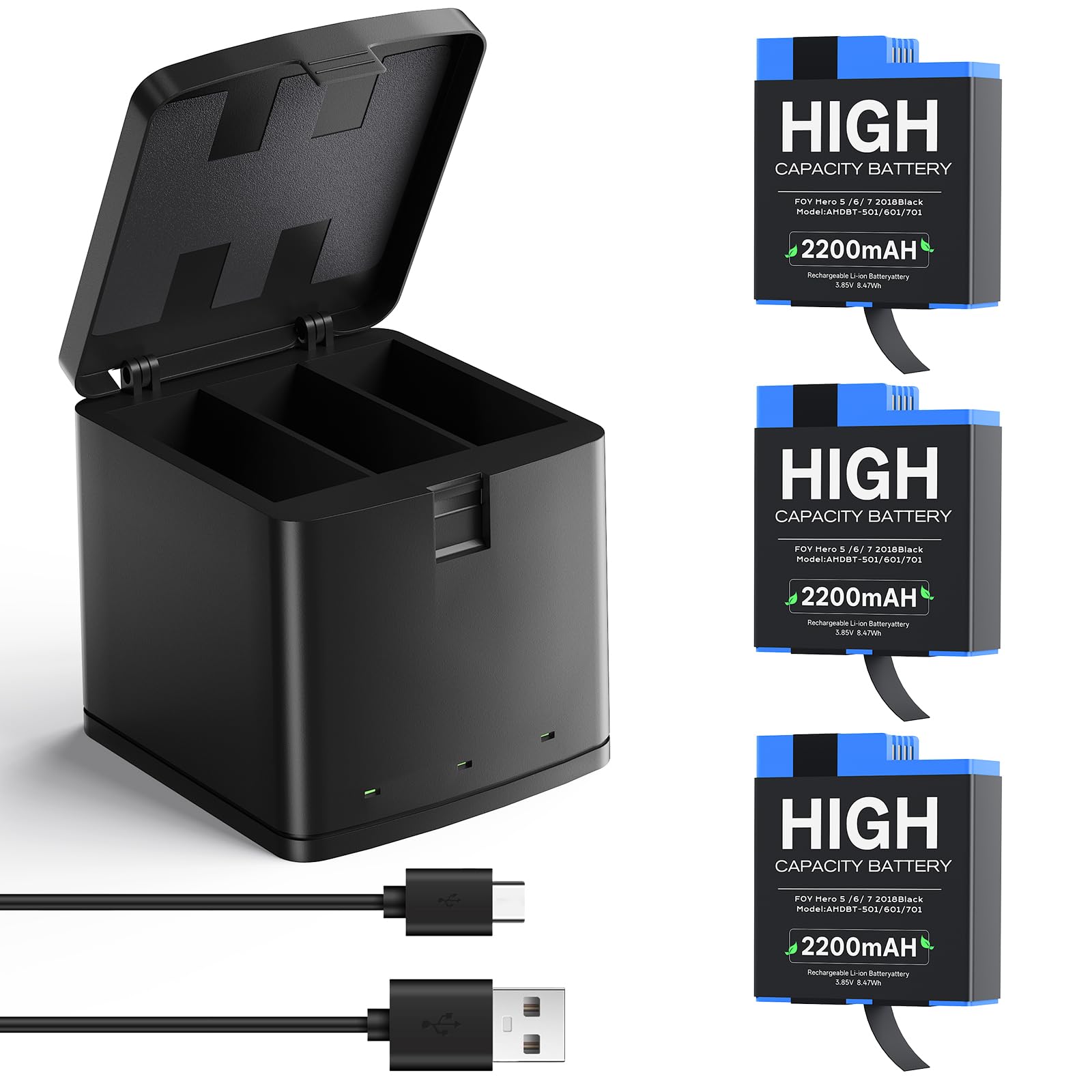 Akku Ladegerät Sets für Go Pro Hero 8, 7, 6, 5, 3-Kanal-Ladegerät und 3er-Pack 2200mAh Lithium-Ionen Wiederaufladbare Ersatzakku mit Hoher Kapazität für GoPro Hero 8 Black, 7, 6, 5 Kamera