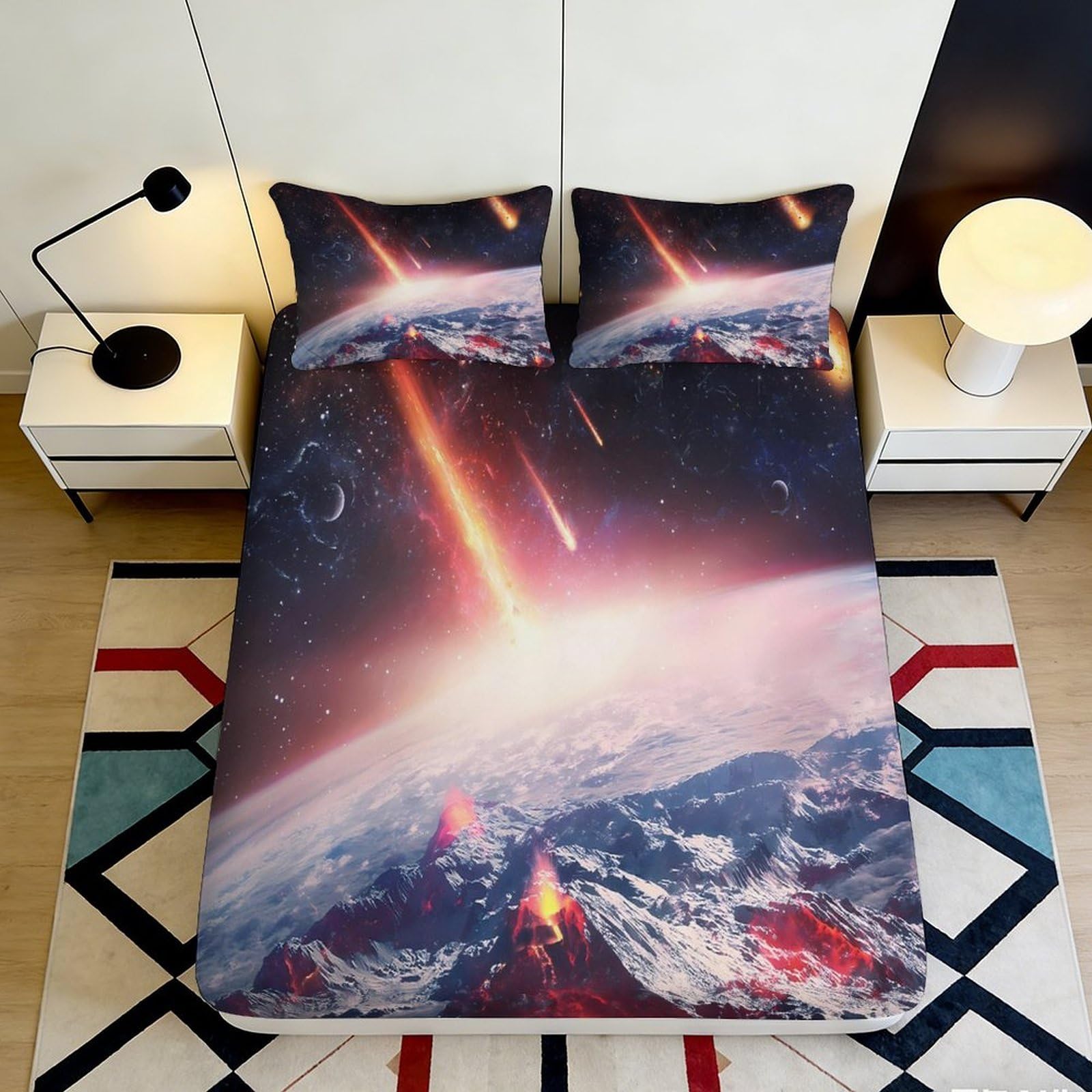 3D Printed Meteor Shower Fitted Sheet Microfiber Soft Anti-Slip Earth Space Bed Cover Bedroom Dorm Decor 90x200x25cm