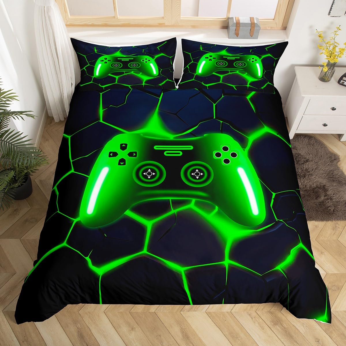 Homewish Gaming Bettwäsche 155x220 Grün Gamer Bettbezug für Kinder Jungen Teenager,Dunkelblau Sechseckigem Waben Gamepad Muster Bettwäscheset Videospielkonsolen Bettset Schlafzimmerdekor Mikrofaser