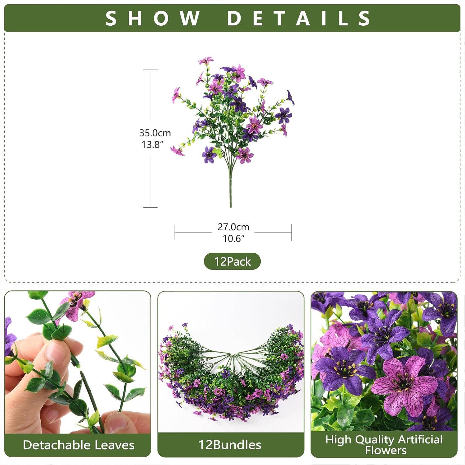 Artificial Flowers for Outdoors 12 Bundles Realistic Faux Silk Flower with Eucalyptus Stem, Fake Plants UV Resistant No Fade for Outside Planter Porch Patio Yard Window Garden Spring Summer Decoration - Image 2