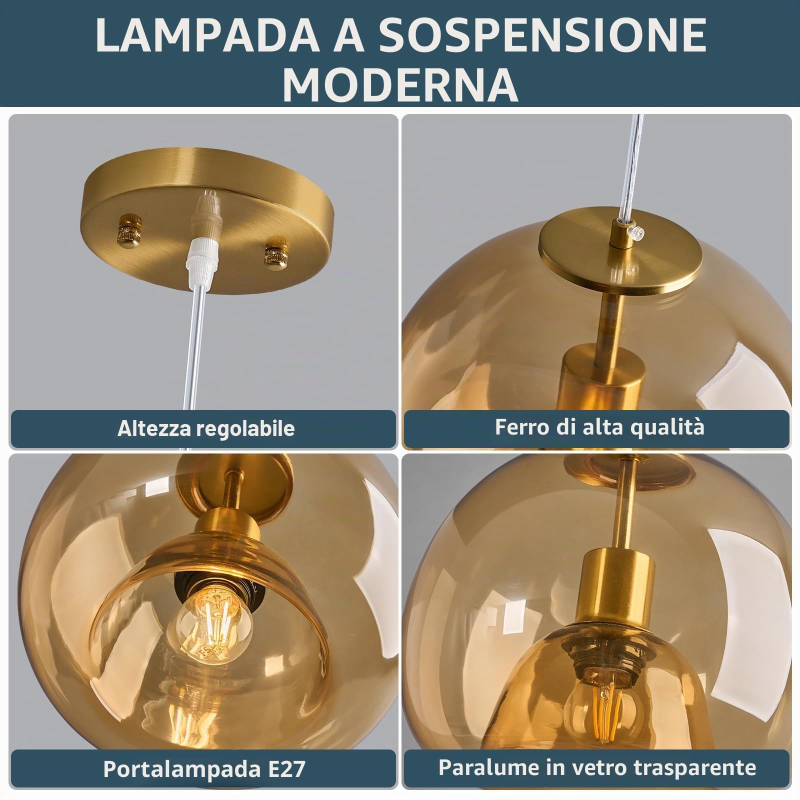 Cognac Vetro Lampade a sospensione Cucina Isola Oro Lampada a sospensione Moderna Lampada sospensione 1-Fiamma E27 Retro Lampada a sospensione per Camera da letto Cucina Isola Sala da pranzo