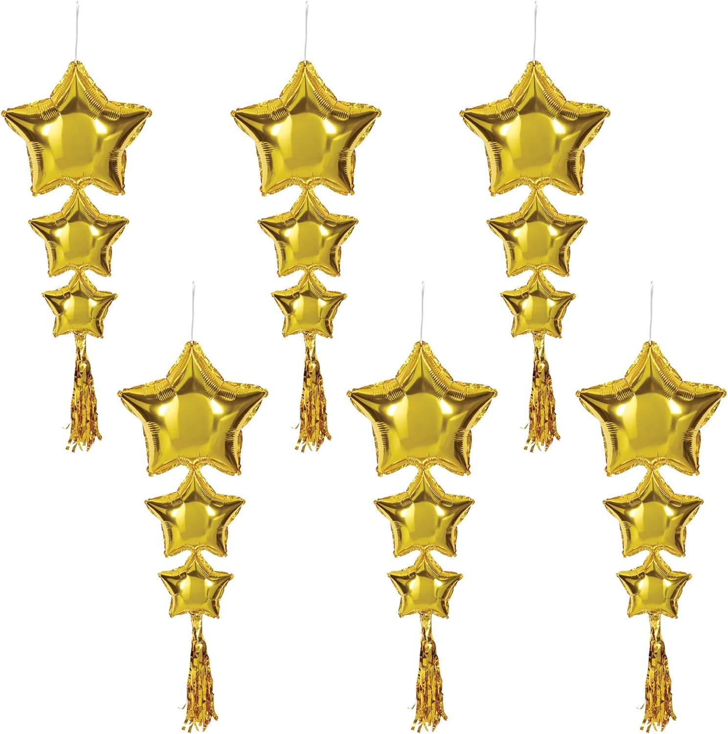 Beistle 6 Piece 3' 9" Long Foil Mylar Star Balloons with Tassels for Birthday Party, Wedding Decor, Baby Shower Supplies
