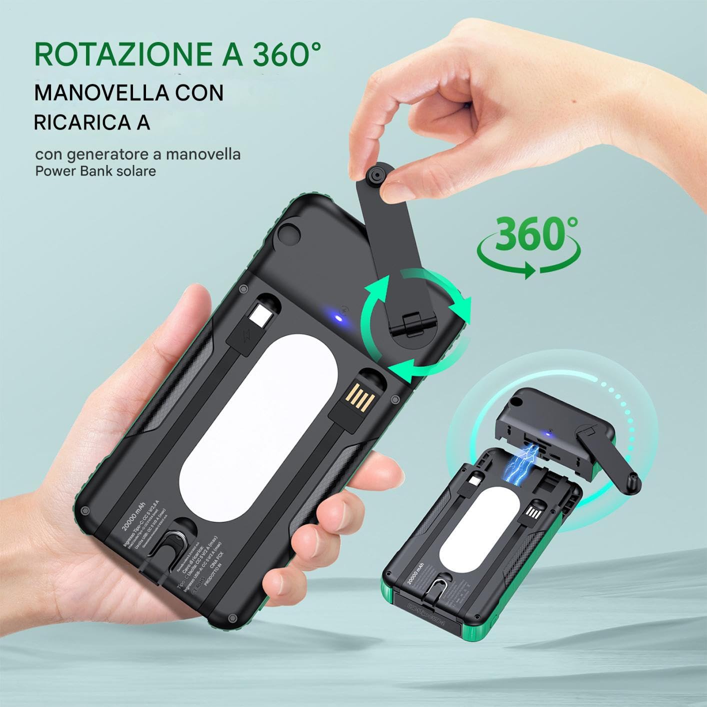 Caricatore Solare Power Bank Power Bank Impermeabile 20000mAh | Power Bank Solare con Manovella per Viaggio Pesca Campeggio Escursionismo Viaggio Zaino in Spalla Festival
