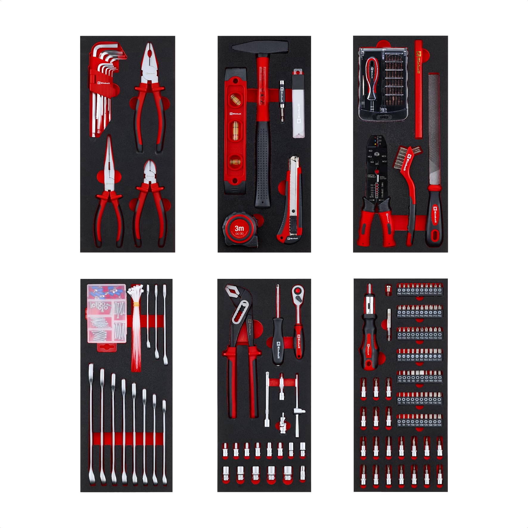 Einhell Kit d'outils pour servante d'atelier 6 pads – 287 pièces avec embouts de précision et spéciaux, pinces, vis, clé à douille, niveau à bulle, marteau et mètre ruban