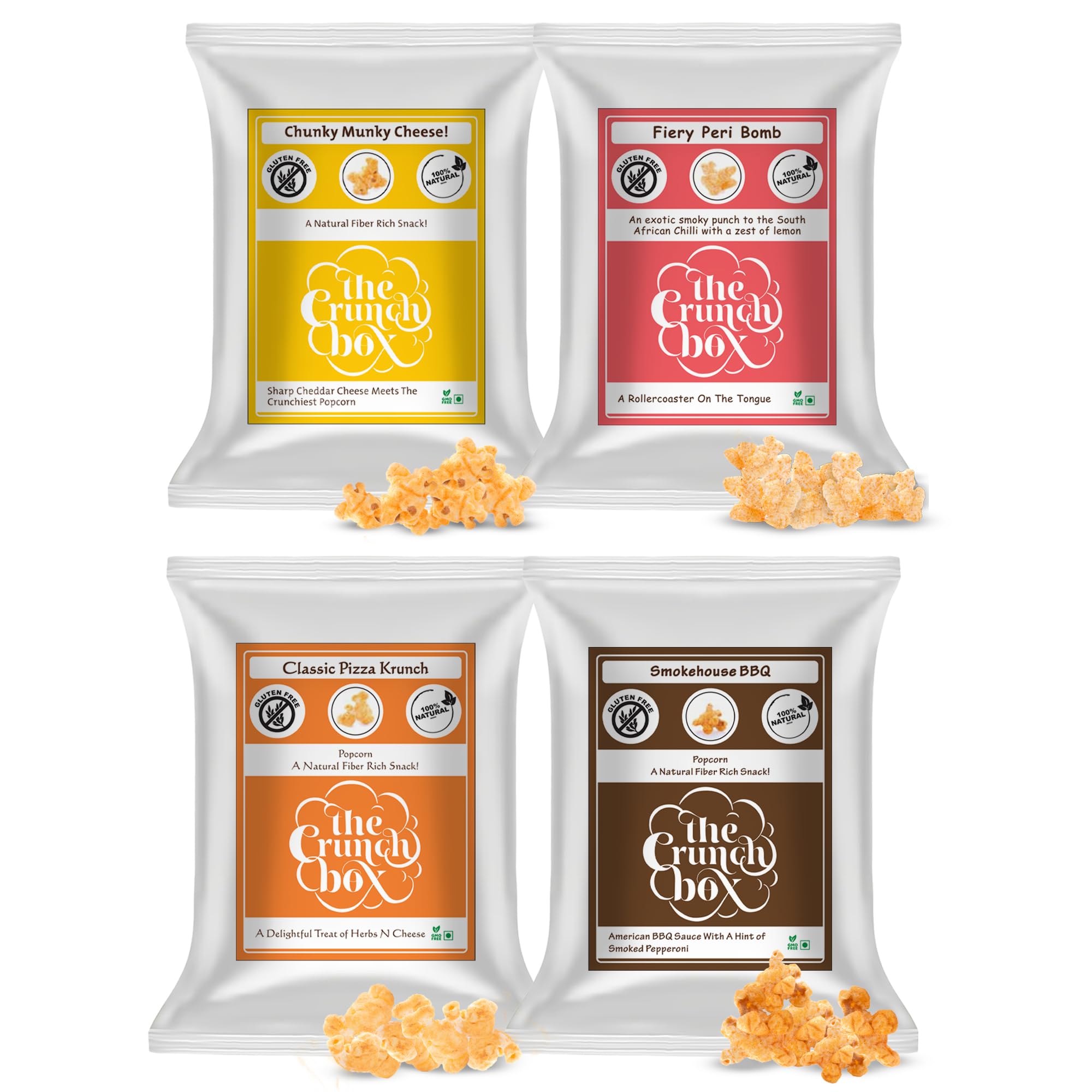 The Crunch Box Presents Travel and Occasion Pack of 4 | Chunky Munky Cheese; Classic Pizza; Peri Peri; BBQ | Healthy, Cholestrol Free Munching | 240gm-image-38