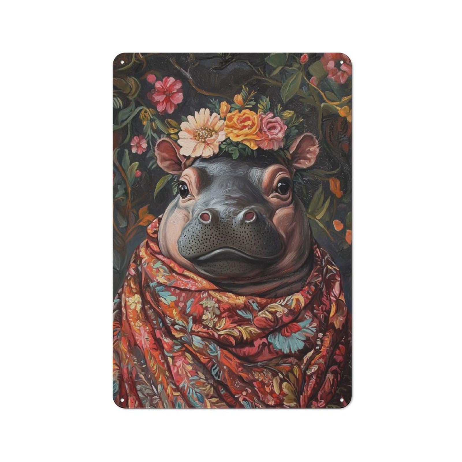 Junmoney Style-4 Floral Hippo Portrait Cottage Style Metal Wall Decor 30X20cm, Tin Wall Plaque For Kitchen, Cottage, Porch Or Garden Room