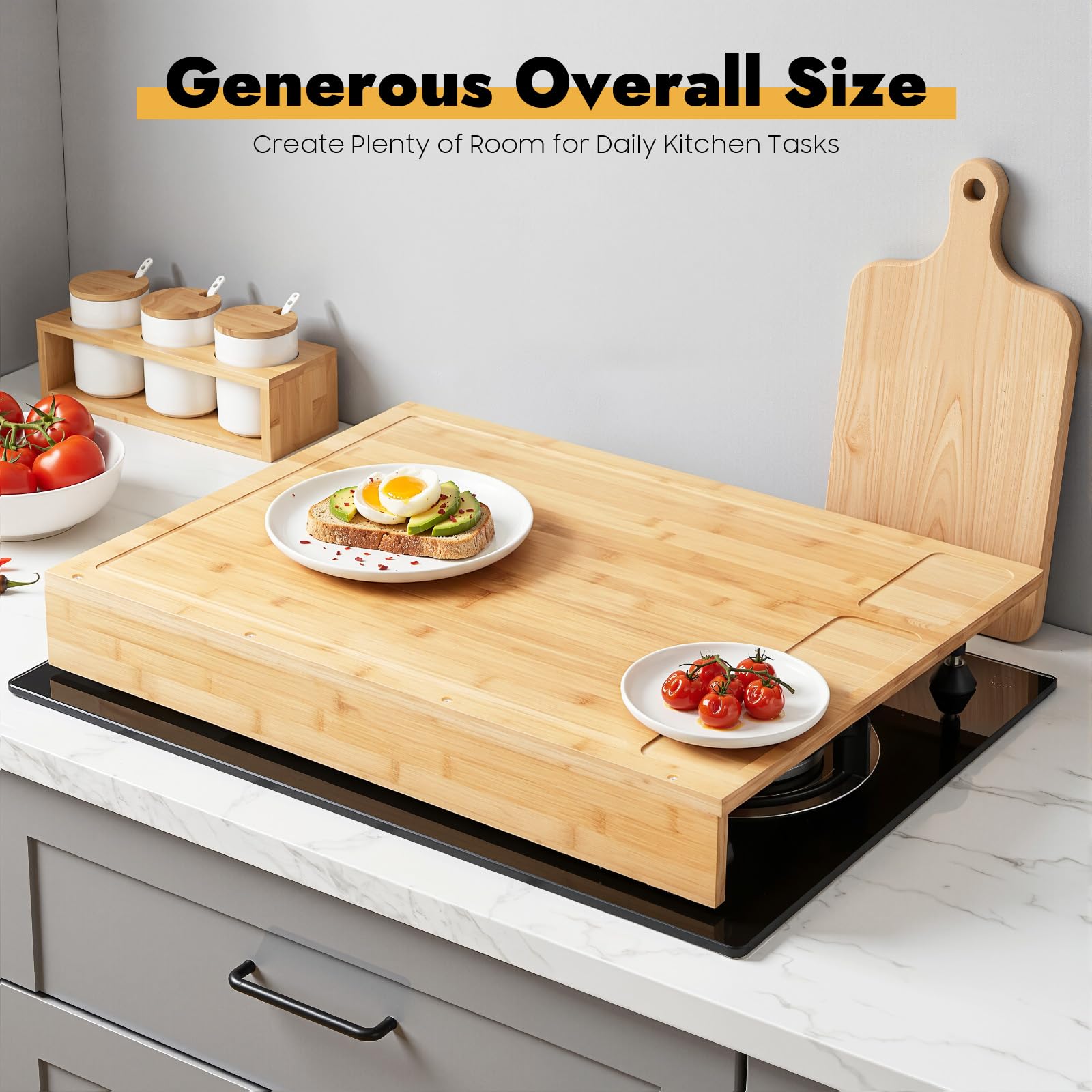 Cache Plaque de Cuisson Bambou 75x54cm Protege Plaque Induction avec 4 Pieds Amovibles Couvre Plaque Multi-Usage Planche à Découper Protection Vitrocéramique Cuisine Maison