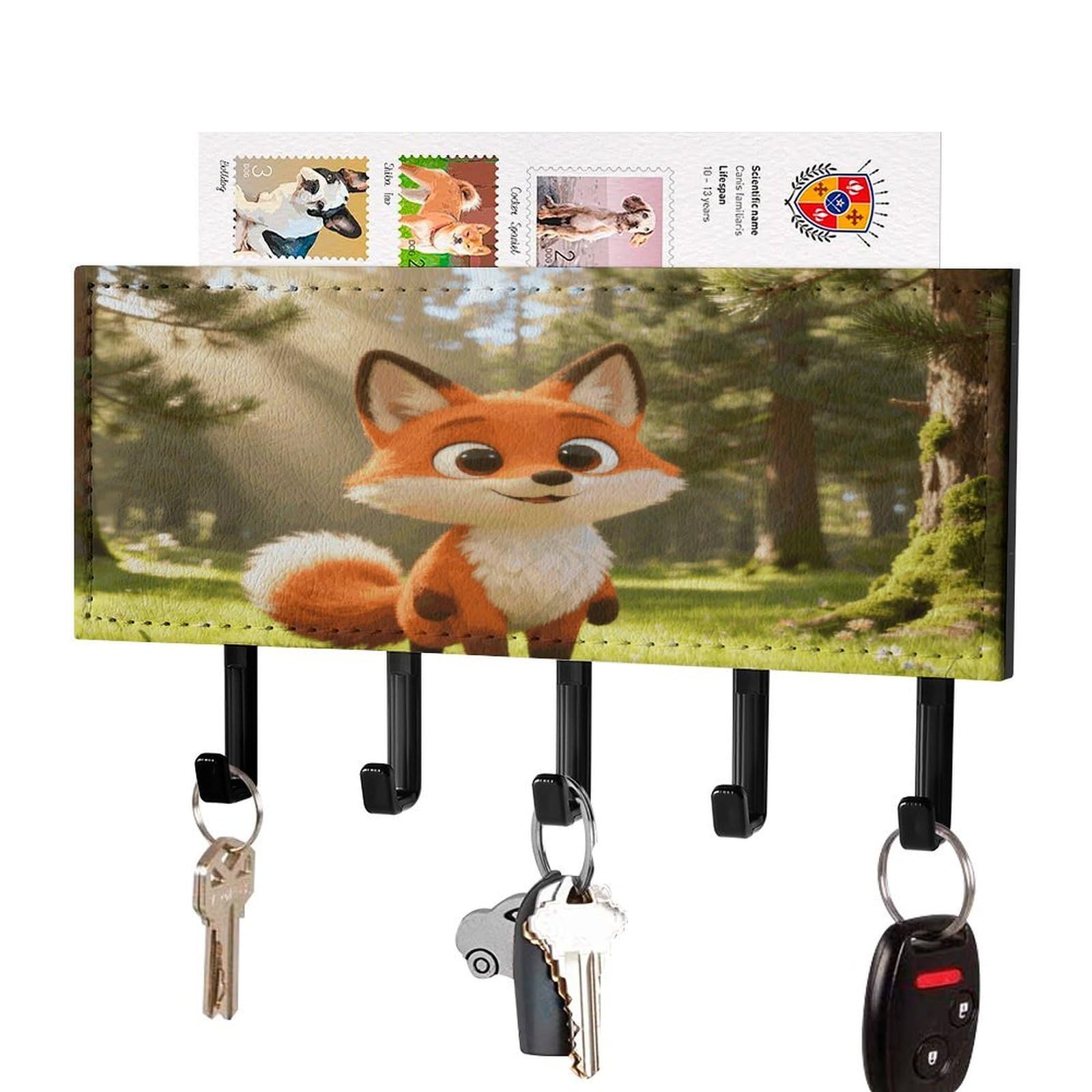 MUSM Fox Cartoon Cute Key Holder for Wall,Mail Organizer Wall Mount with 5 Hooks,Easy Installation Key Rack for Home Decor, Hallway, Entryway, Appartment