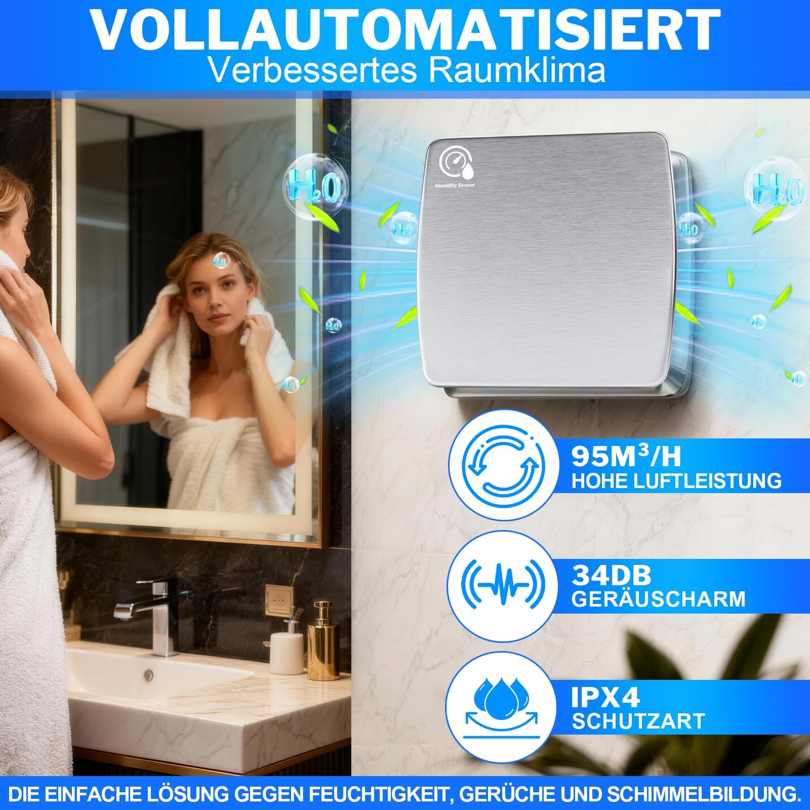 100mm Badlüfter mit Feuchtigkeitssensor Nachlauf, WC Küche Ventilator