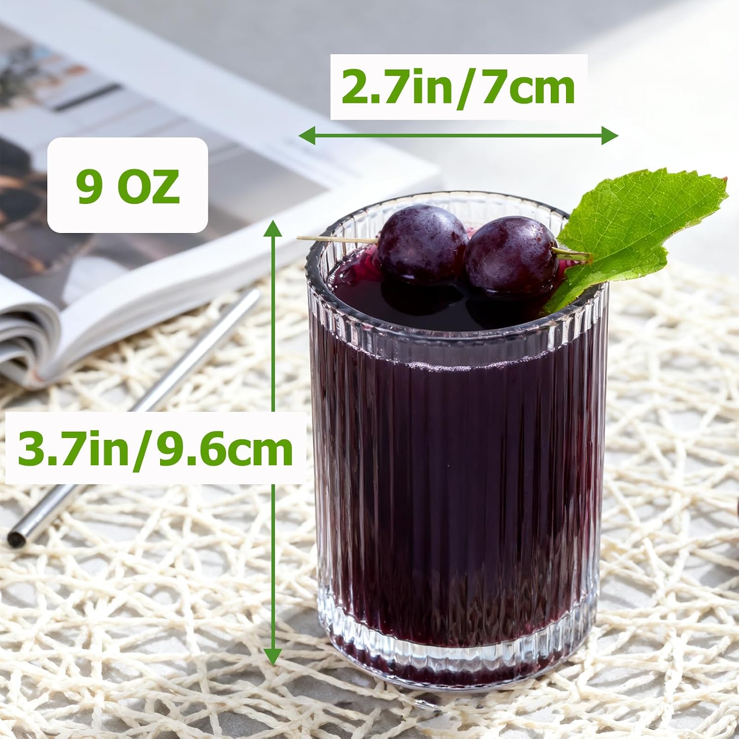 4 Pack Vintage Drinking Glasses, 9oz Ribbed Glassware Cocktail Glass Cup Set, Juice Glasses for Whiskey, Soda, Milk, Coffee