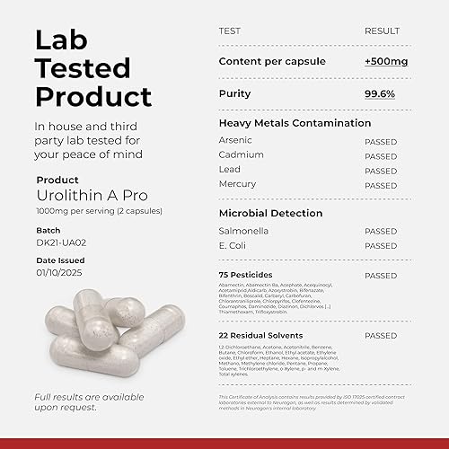 Miniatura 5 de Neurogan Urolitina A PRO Cápsulas  1000 mg, 120 Ct  Salud celular avanzada, suplementos posbióticos  Suplemento de urolitina A ultra micronizada,