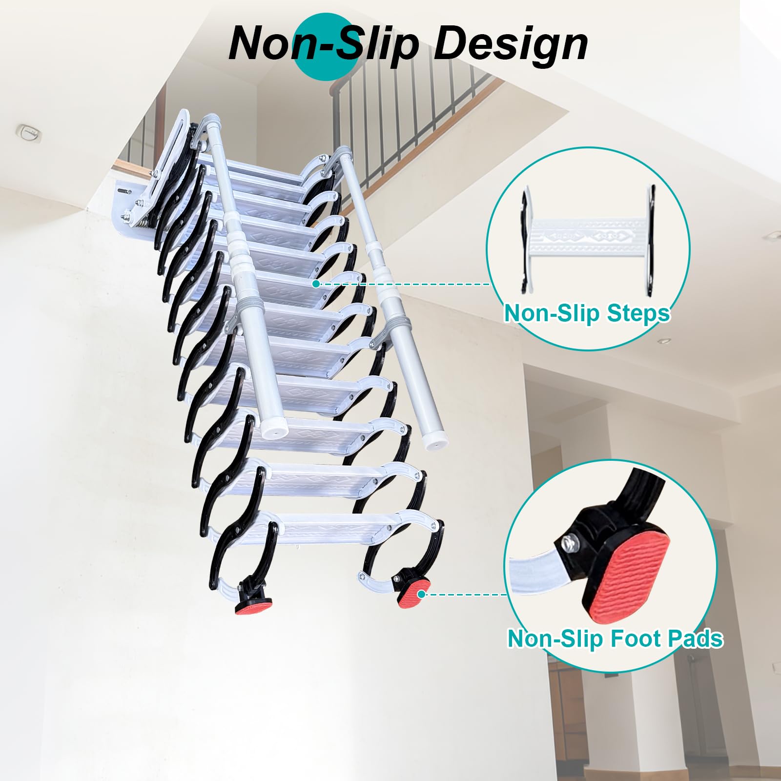 Escalera Plegable de Pared con 2 pasamanos, Escalera Telescópica para Ático Plegable, Capacidad 300 kg, Altura aplicable de 2.69 a 2.79 m (11 escalones)