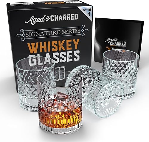 Aged & Charred Juego de vasos de whisky Old Fashioned de 4 a 11 onzas Rocks Barware para licor de bourbon escocés y bebidas de cóctel, caja de