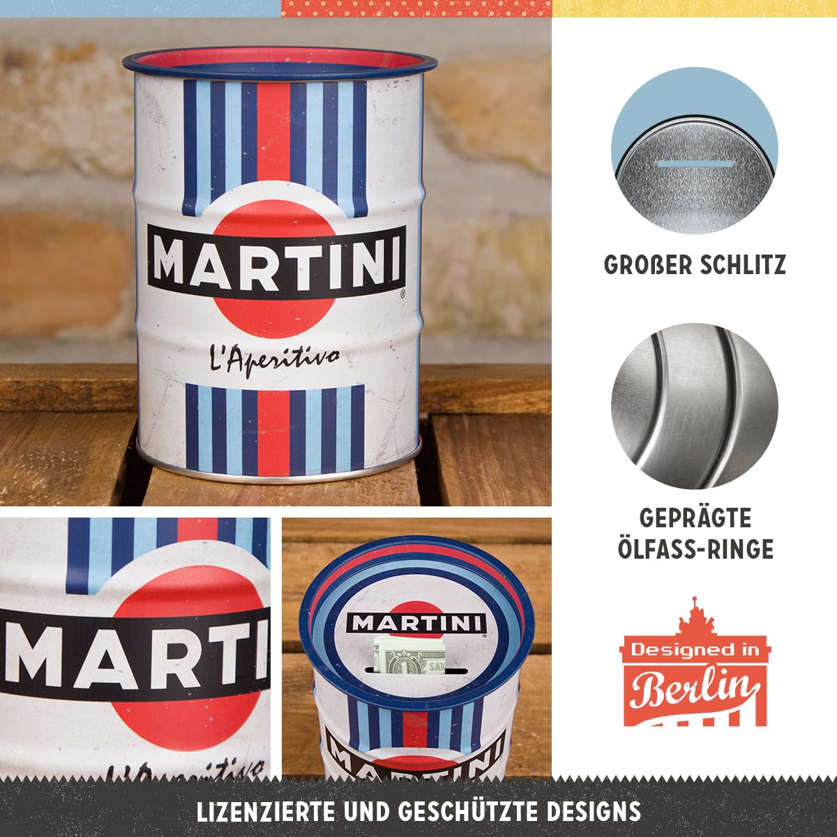 Nostalgic-Art Skarbonka retro, Martini – L'Aperitivo – pomys? na prezent dla fanów koktajli, ?winka skarbonka z metalu, blaszana skarbonka w stylu vintage, 600 ml