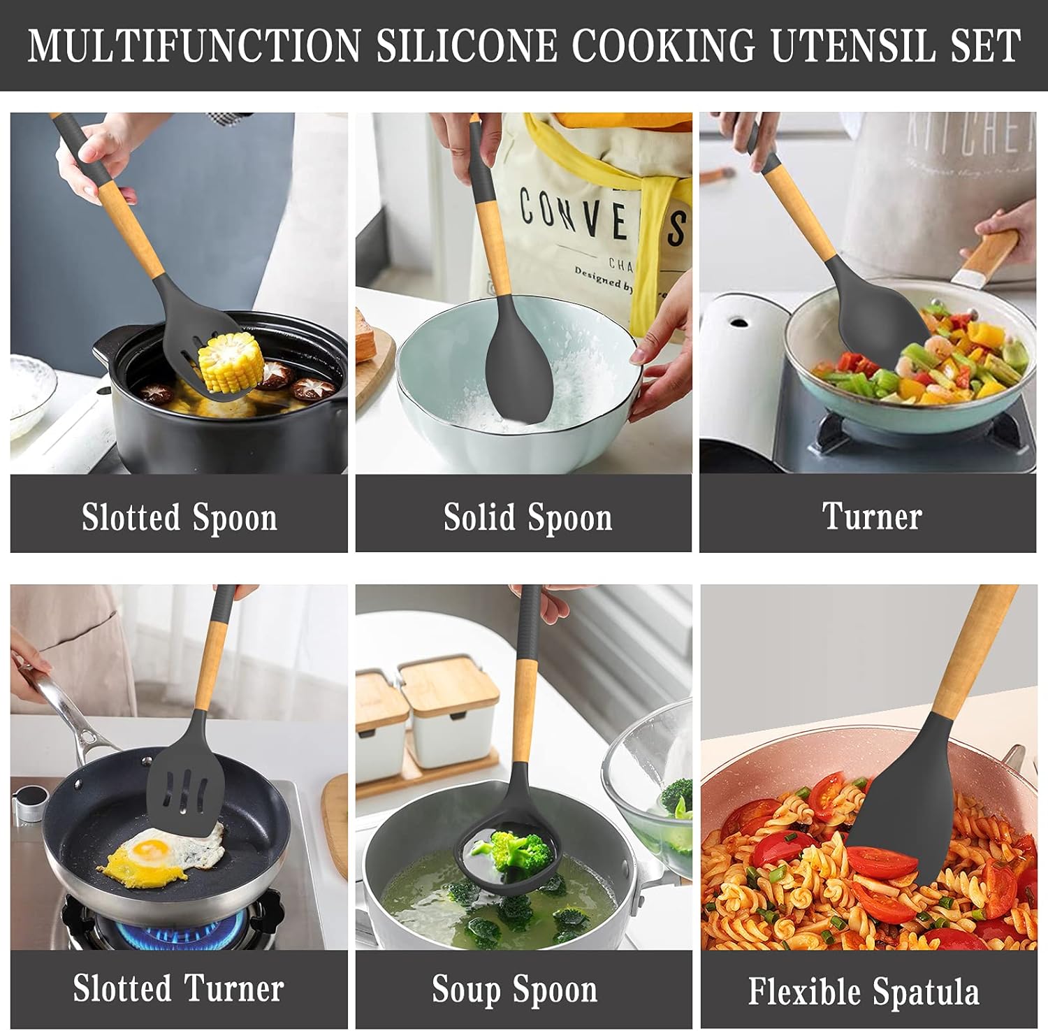 33 PCS Silicone Kitchen Utensils Set, Umite Chef Heat Resistant Cooking Utensils Set With Holder, Wooden Handle Kitchen Gadgets Tools Spatula Set for Nonstick Cookware(BPA Free & Grey): Kitchen & Dining