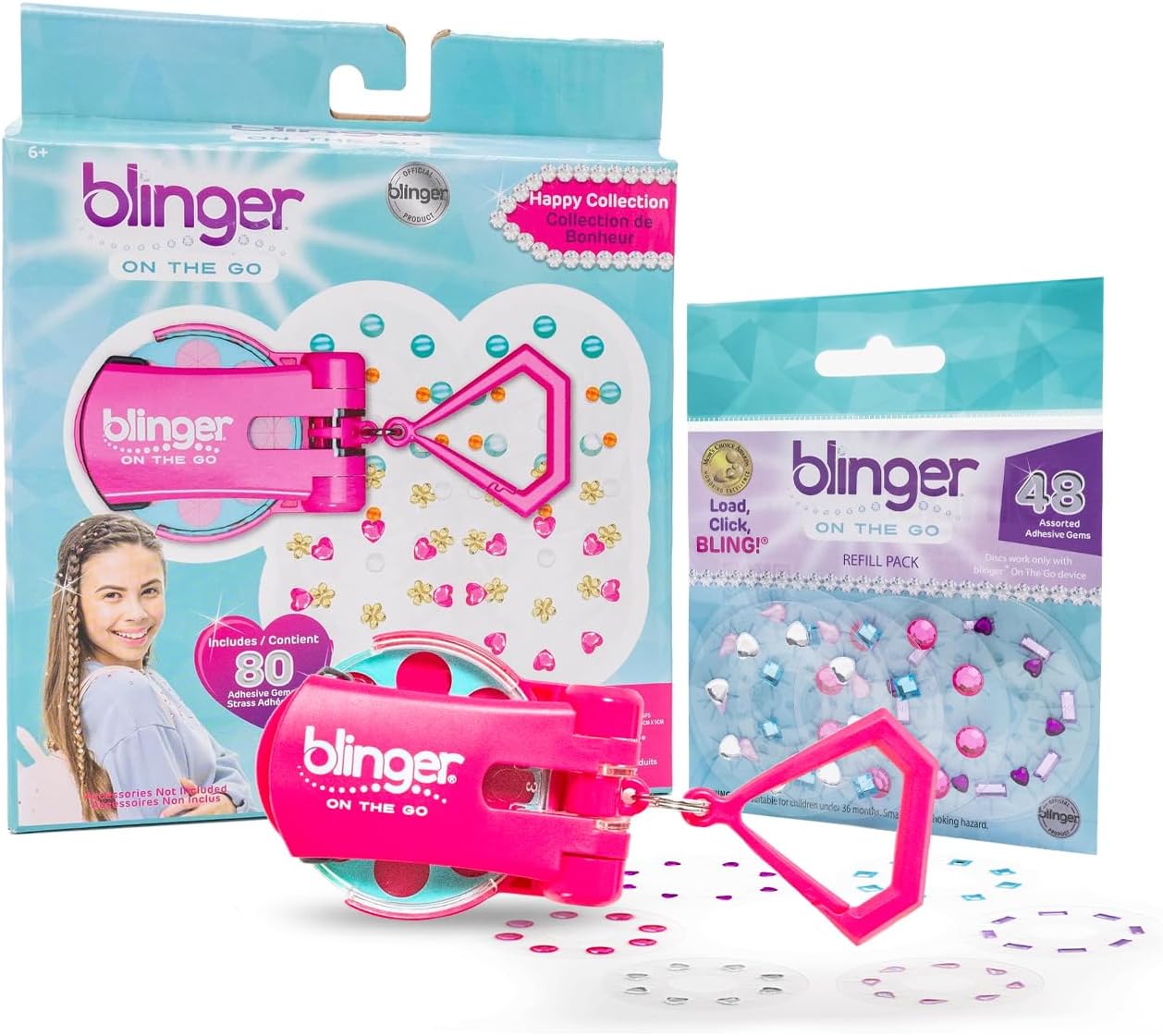 blinger Bundle! On The Go Mini Starter Set + Refill Pack - 128 Rhinestones! | Hair Styling Tool | Hair-Safe – Bling in Brush Out