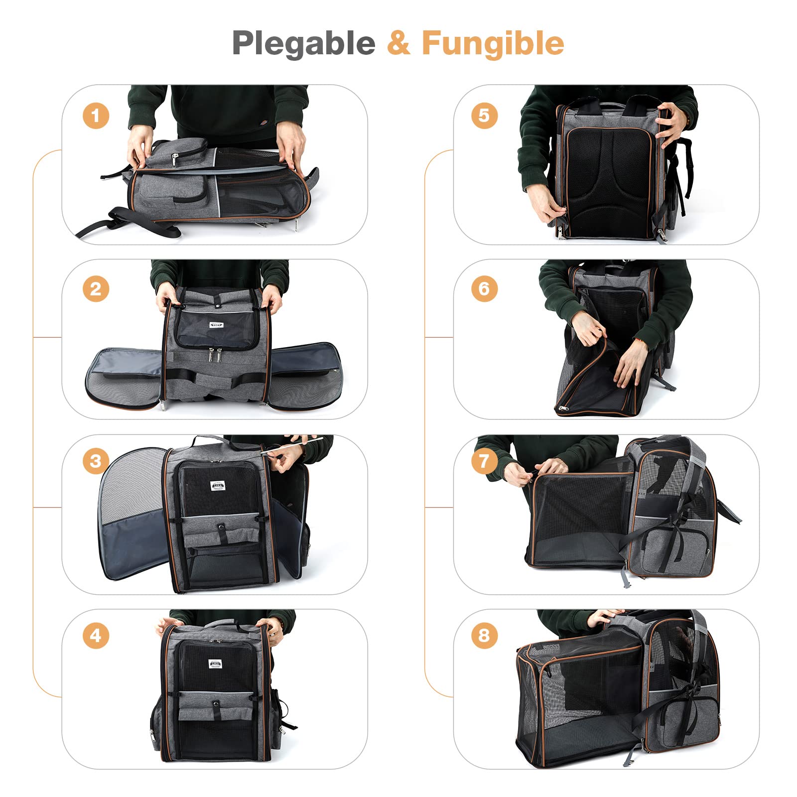 Transportin Gato Extensible con 4 Entradas | Mochila Transpirable - Transportin Perro Pequeño con Arnés Interno - Carga Máxima 8kg - Impermeable - Gris
