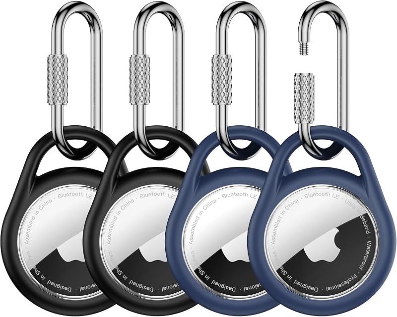 Kit com 4 Capas para Apple AirTag citymore com Mosquetão, TPU e Aço Inoxidável 304, 2 Pretas e 2 Azuis