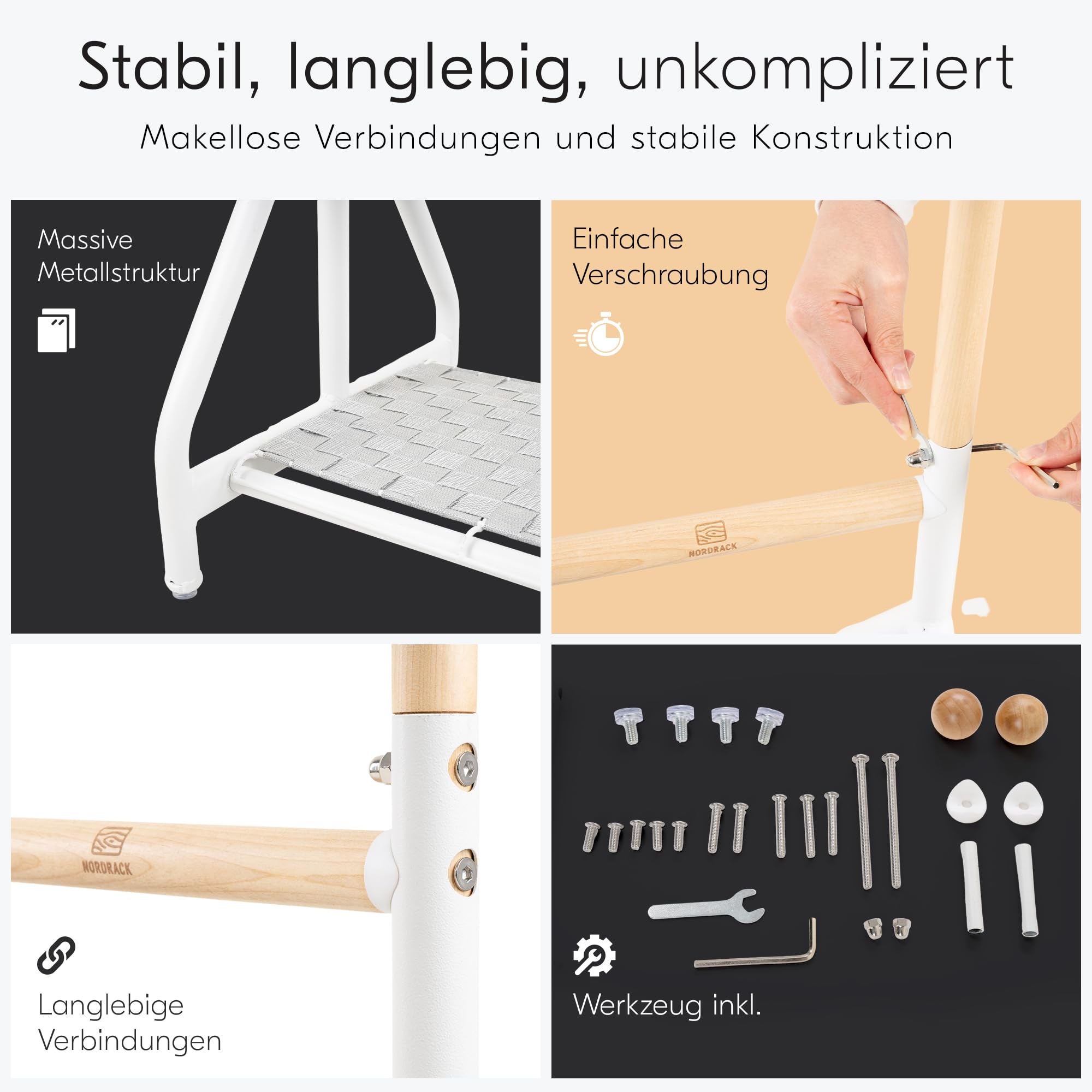 ASKA Premium Kleiderständer auf Rollen Stabil Schwerlast bis 120 kg Clothing Rack Garderobenständer Holz Metall Kleiderstange mit Schuhablage Rollbarer Kleiderständer Weiß Birkenholz