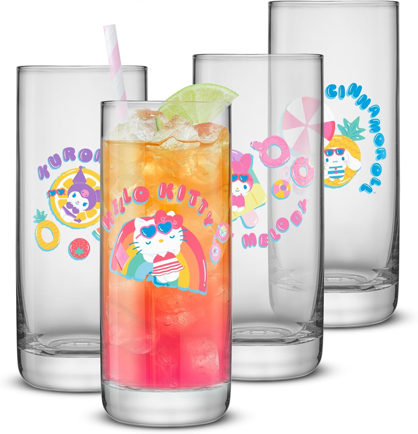 JoyJolt Sanrio Hello Kitty and Friends Pool Party Tall Drinking Glasses, 13oz Kitchen Glass Cups Set of 4, Slim/Thin Glass Tumblers, Kawaii Hello Kitty Stuff