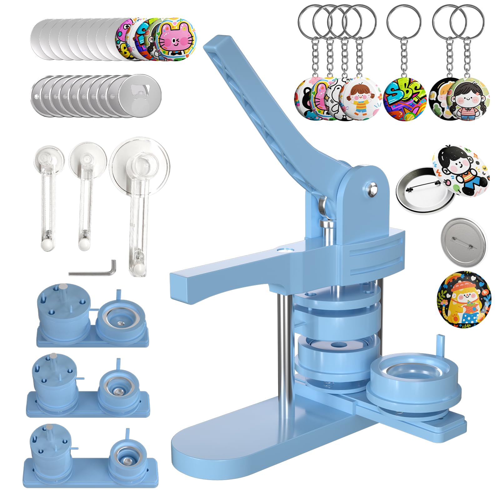Pin Maker, Button Maker Machine Multiple Sizes (1+1.25+2.25'') with 300 Buttons, 30 Fridge Magnets, 10 Bottle Openers, 10 Keychains, 3 Circle Cutters, Button Badge Makers (353 Pcs, Blue)