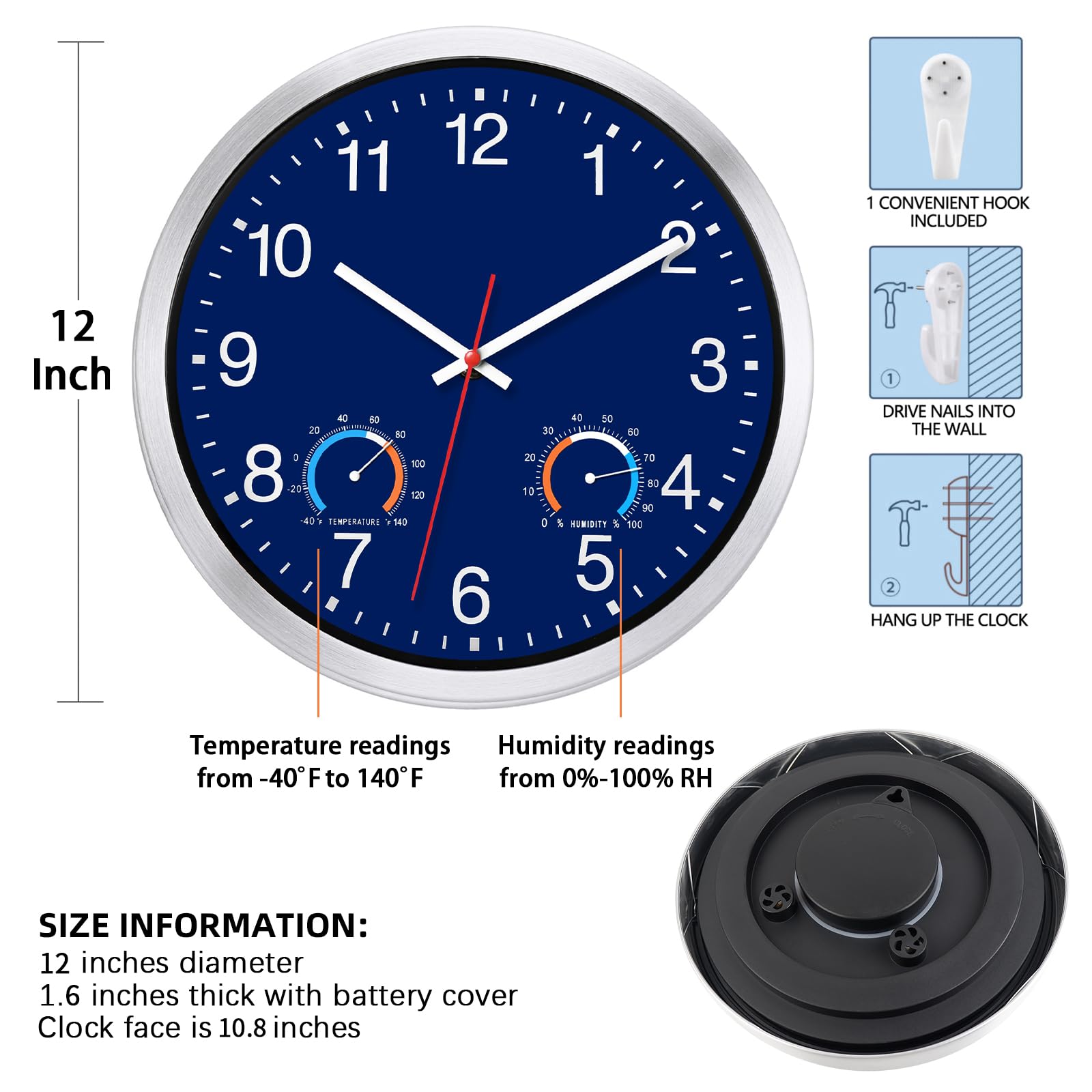 Caysie Orologio da parete al quarzo da 30,5 cm, impermeabile, con termometro e igrometro, funzionamento a batteria, silenzioso, per patio, piscina, bagno, casa (blu navy)