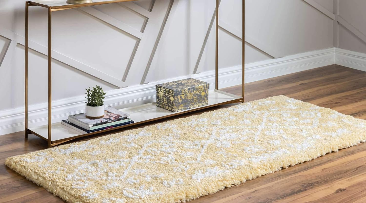 Unique Loom Rabat Shag Collection Modern Tribal Moroccan Inspired Plush & Soft Nomad Design Area Rug (2' 7 x 6' 0 Runner, Yellow/ Ivory)