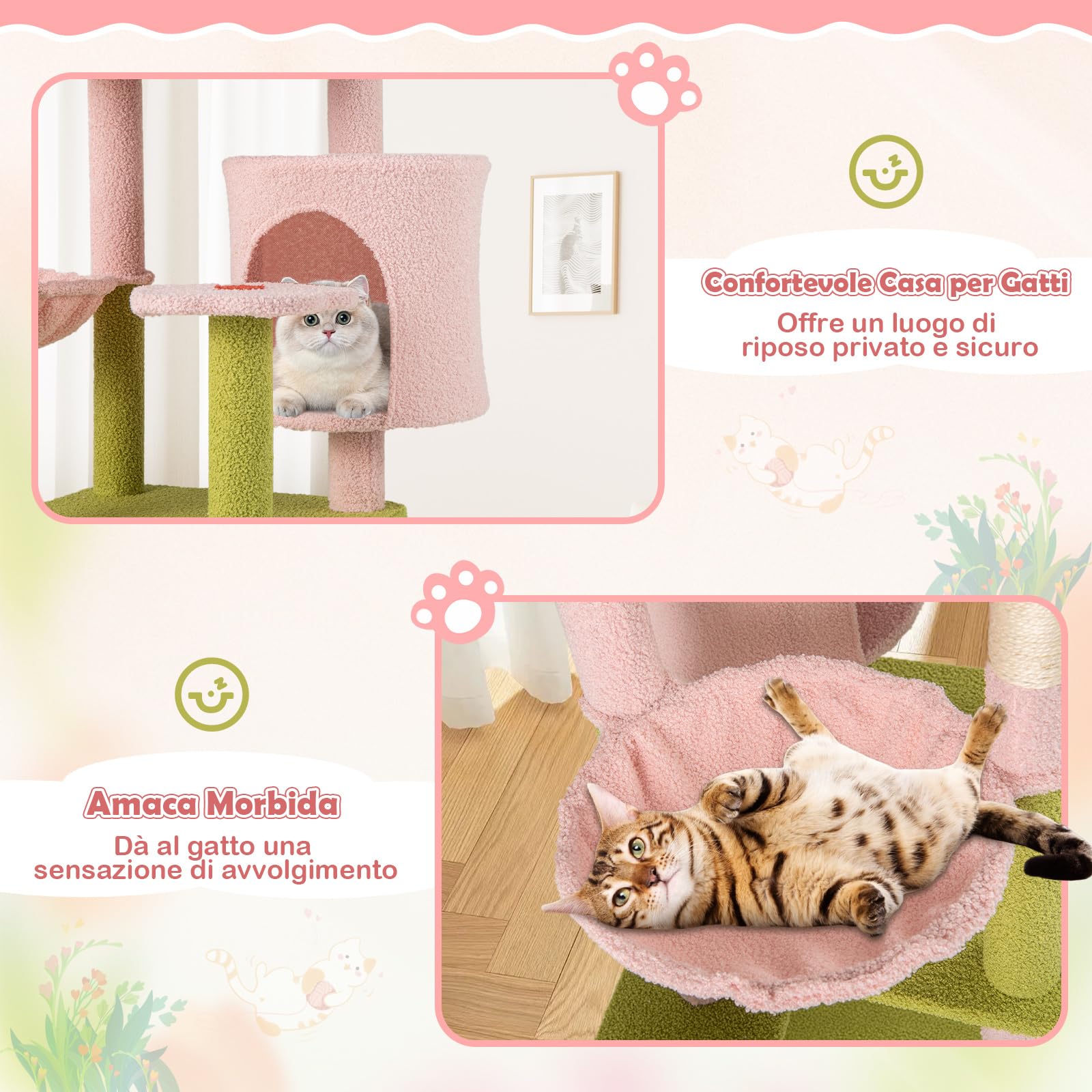 COSTWAY Tiragraffi per Gatto Alto 150 cm Stile Floreale, Albero Tiragraffi Gatti con Pali in Sisal, Piattaforme, Grotta e Pompon, Torre Gatto Rivestito in Peluche, Rosa e Verde